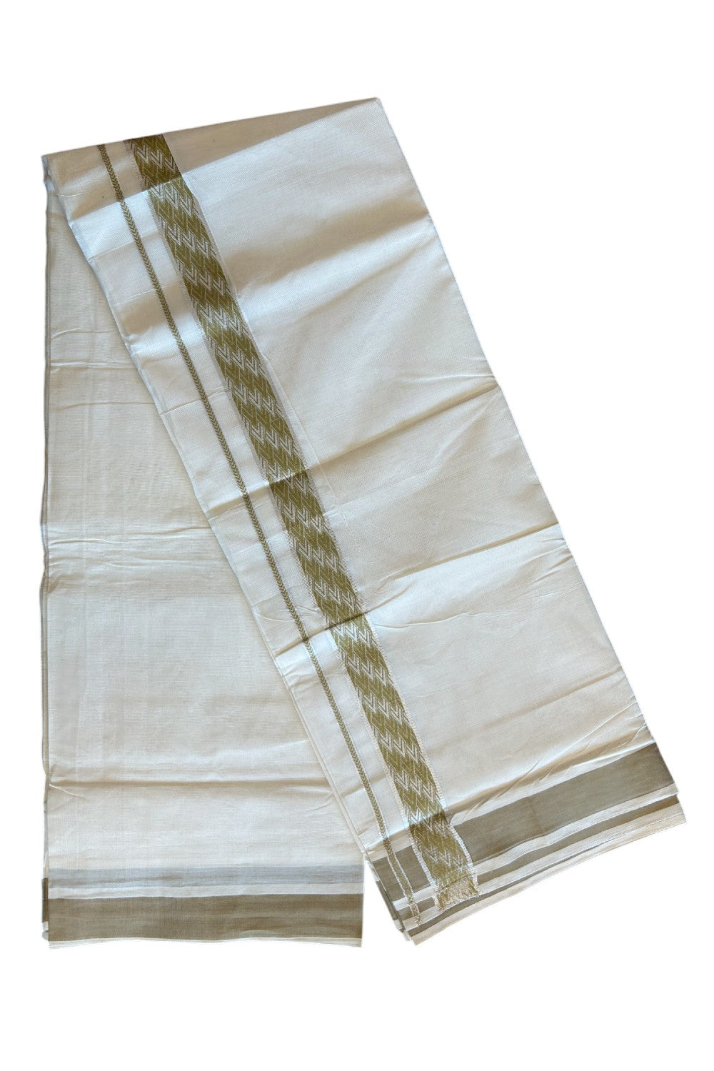 20% DISCOUNT ! KaithariKada Balaramapuram 100%  Cotton Double off white  (Unbleached) Mundu/Dhoti - 100X90 - 2.25 inch Silver kasavu & Sand Brown design kara - 24KK5113PMC