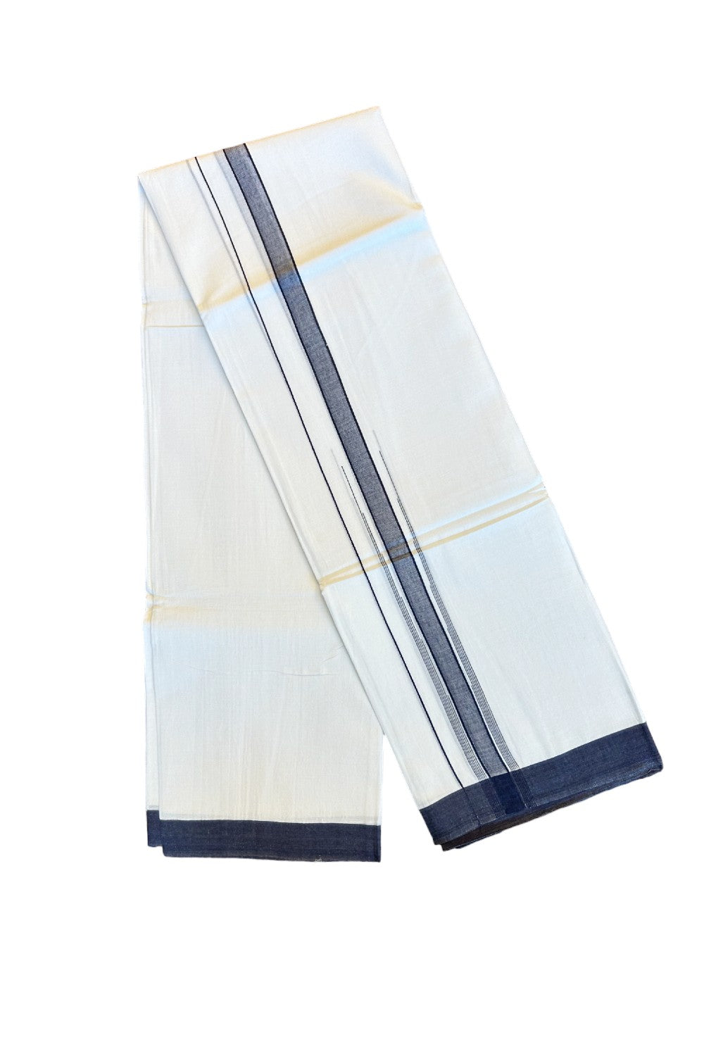 22% DISCOUNT!! Kaitharikada Balaramapuram 100% Cotton Ultra WHITE Double Mundu/Dothi-100x100  2 Inch NAVY BLUE Striped Cotton Kara - 24KK74RAM