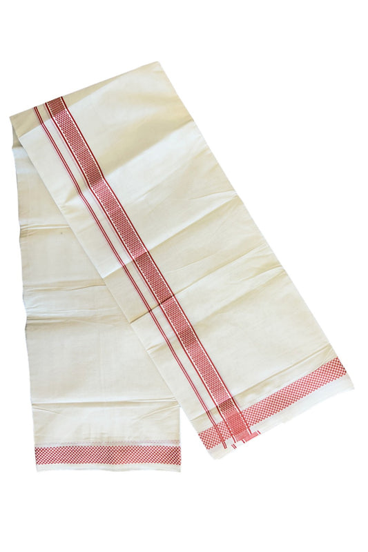 18% DISCOUNT ! KaithariKada Balaramapuram 100%  Cotton off white Double  Mundu/Dhoti - 100X100  Brick red check design kara - 24KK78PMC