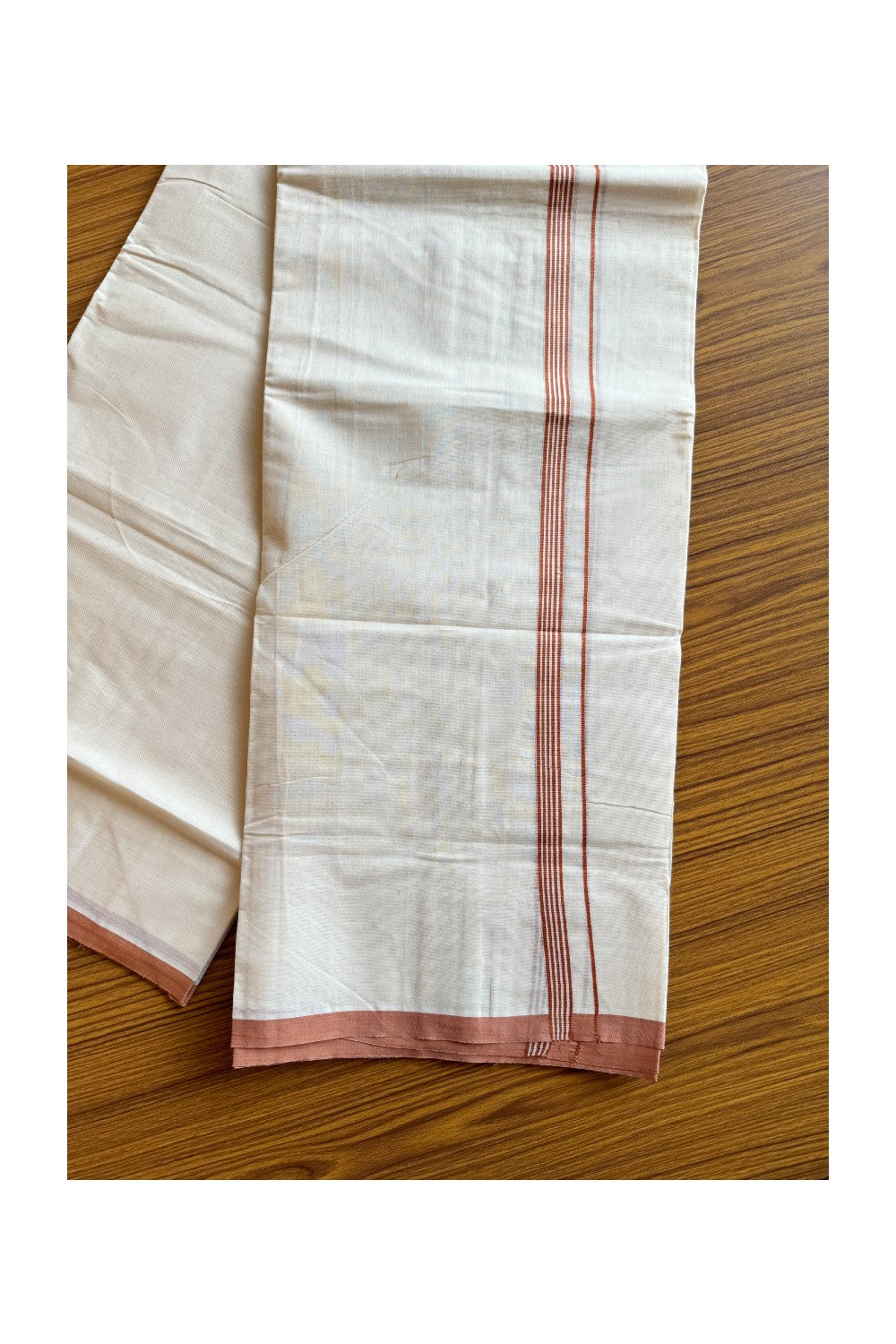 22% DISCOUNT ! KaithariKada Balaramapuram 100%  COTTON Double OFF WHITE Mundu/Dhoti-100X100- 1 inch  Light Brown Striped Kara- 24KK424CEE