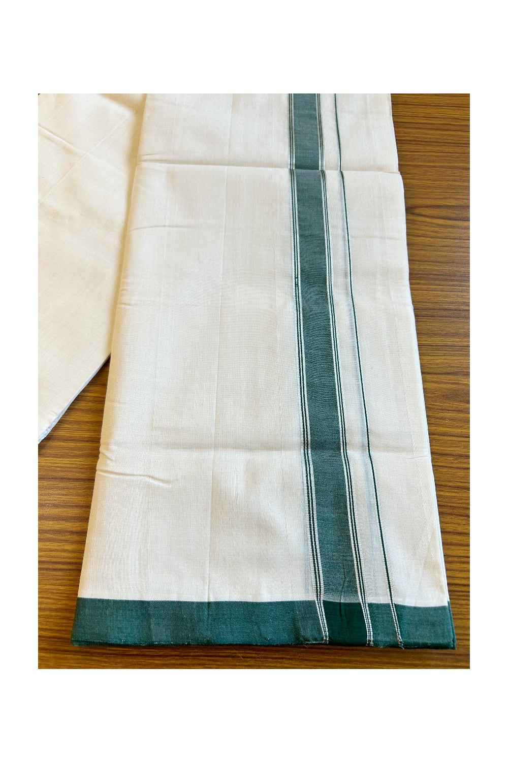 20% DISCOUNT!! KaithariKada HANDLOOM UNAKKUPAAV Balaramapuram - 100% PURE Cotton OFF White (Unbleached) Double Mundu/Dothi - 2 Inch Green & silver Kara - 24KK456KK