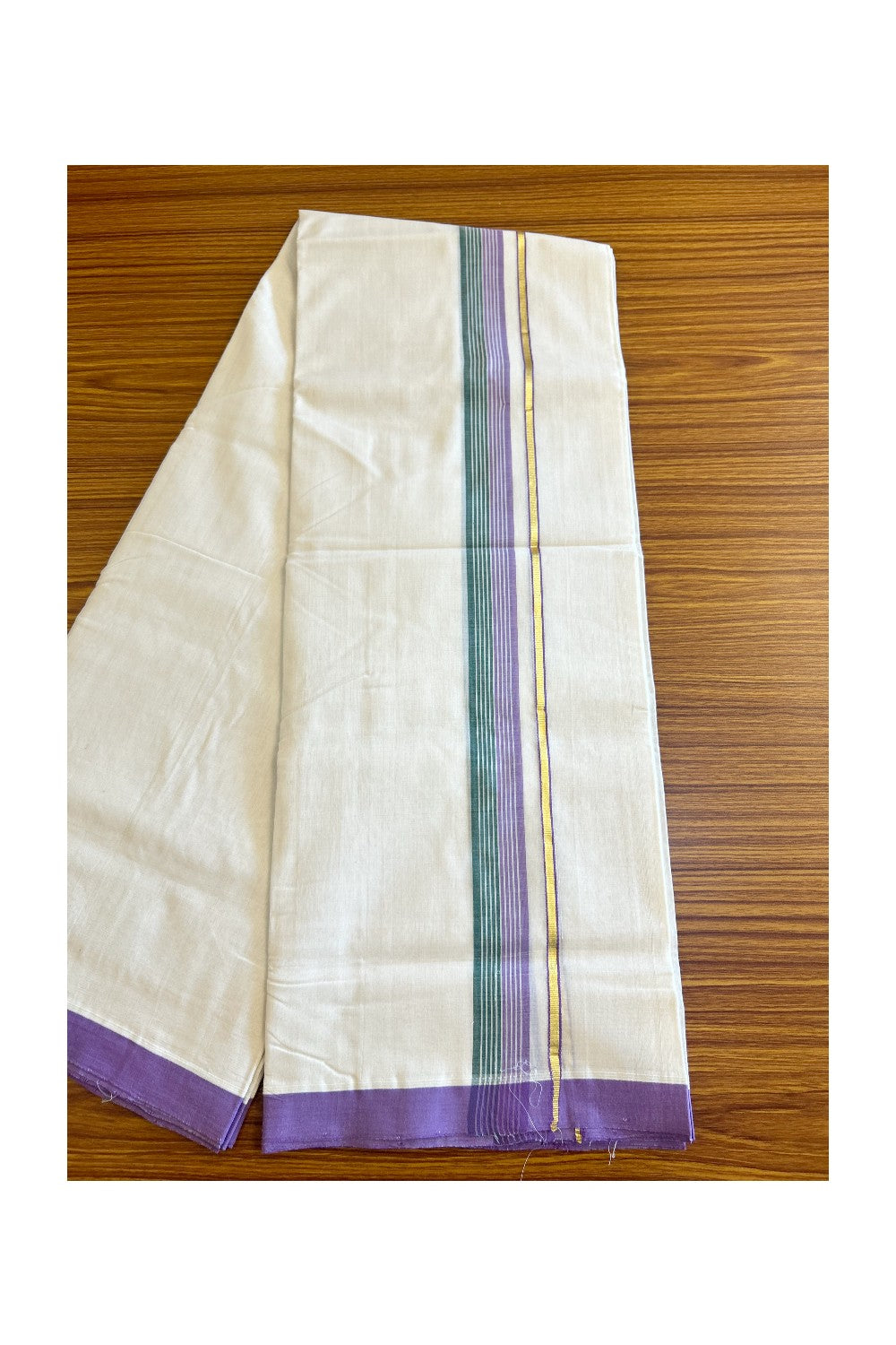 15% DISCOUNT!! KaithariKada HANDLOOM UNAKKUPAAV Balaramapuram - 100% PURE Cotton OFF White (Unbleached) Double Mundu/Dothi - Kasavu Lavender & Green kara with white stripes - 24KK458SOM