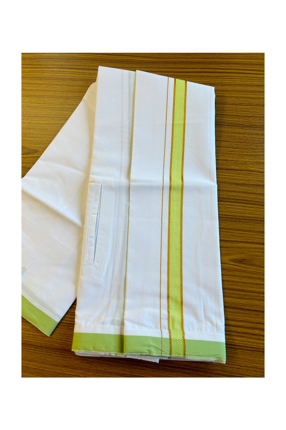 KaithariKada Balaramapuram  COTTON SINGLE PURE WHITE VELCRO Mundu/Dhoti - 1.75inch Light Green & Kasavu kara - 24KK485SRI