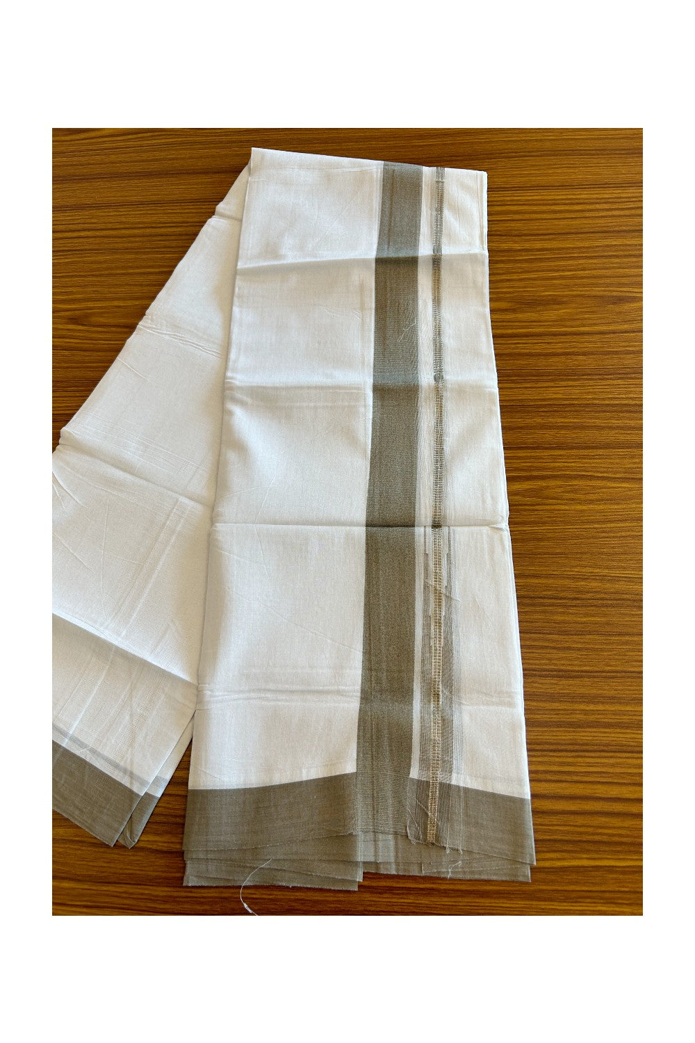 Kaitharikada  Balaramapuram 100% Pure Cotton PURE WHITE Double Mundu/Dothi - 80x92 - 1.5 Inch Light Sage Green & Silver Chutty kara - 23K5022VAN