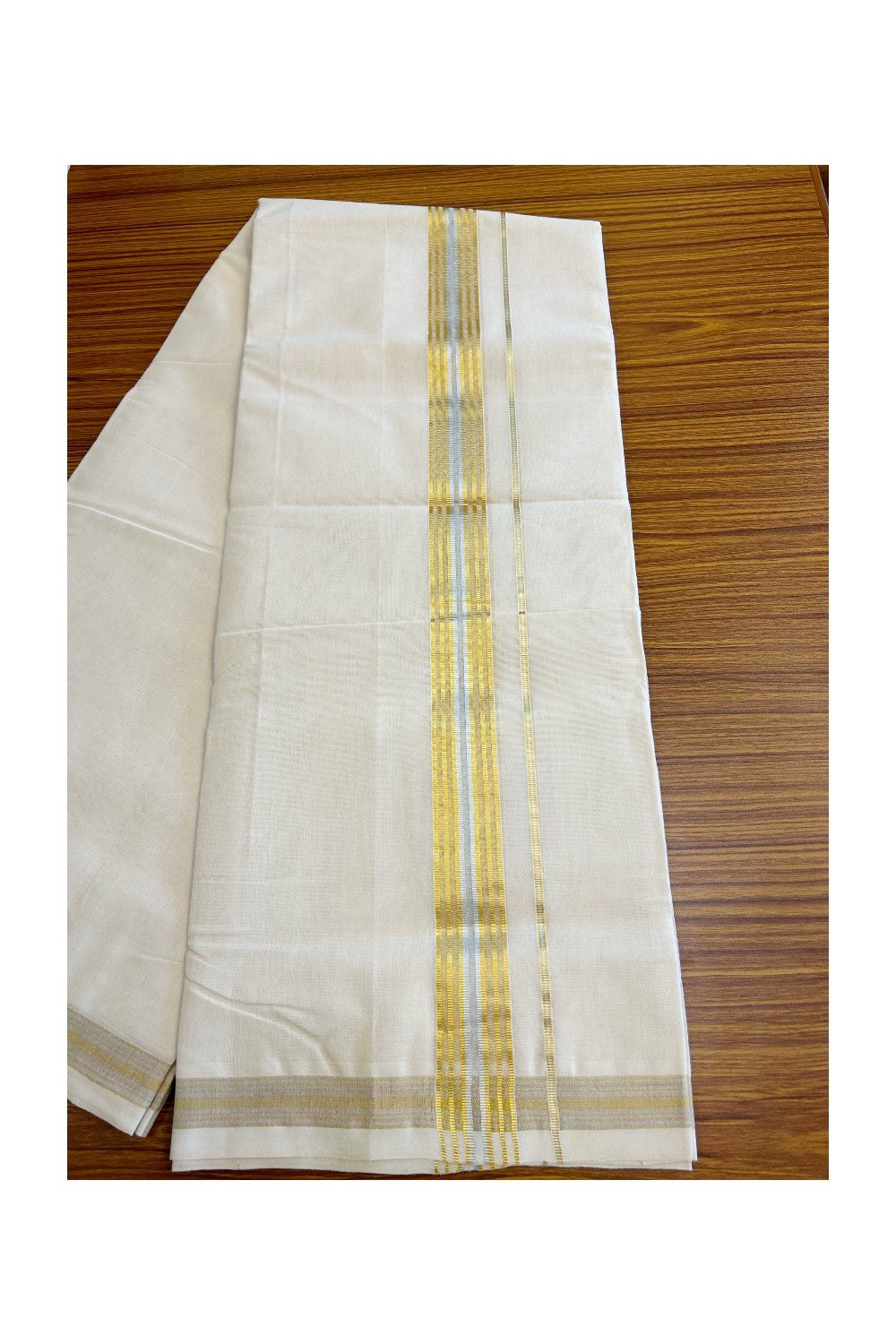 8% DISCOUNT ! KaithariKada HANDLOOM Millpaav Balaramapuram - 100% PURE Cotton Off White Double - (Unbleached) Mundu/Dhoti - 2.45 Inch Silver & Gold Kasavu Stipes Kara- 24KK5029RAM