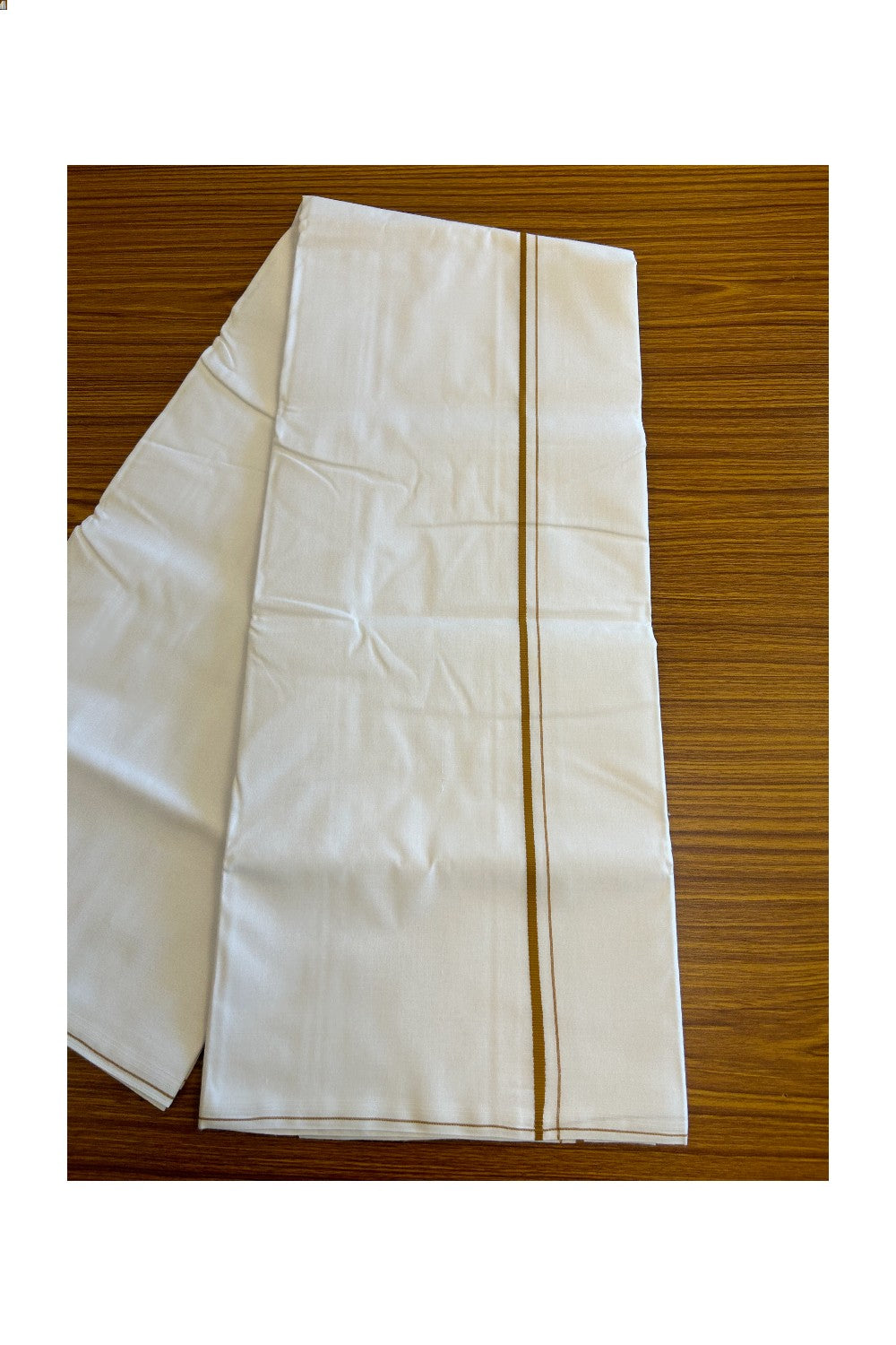 KaithariKada 100% Cotton Pure White Double Dhoti/Mundu- Thin Brick Brown Kara