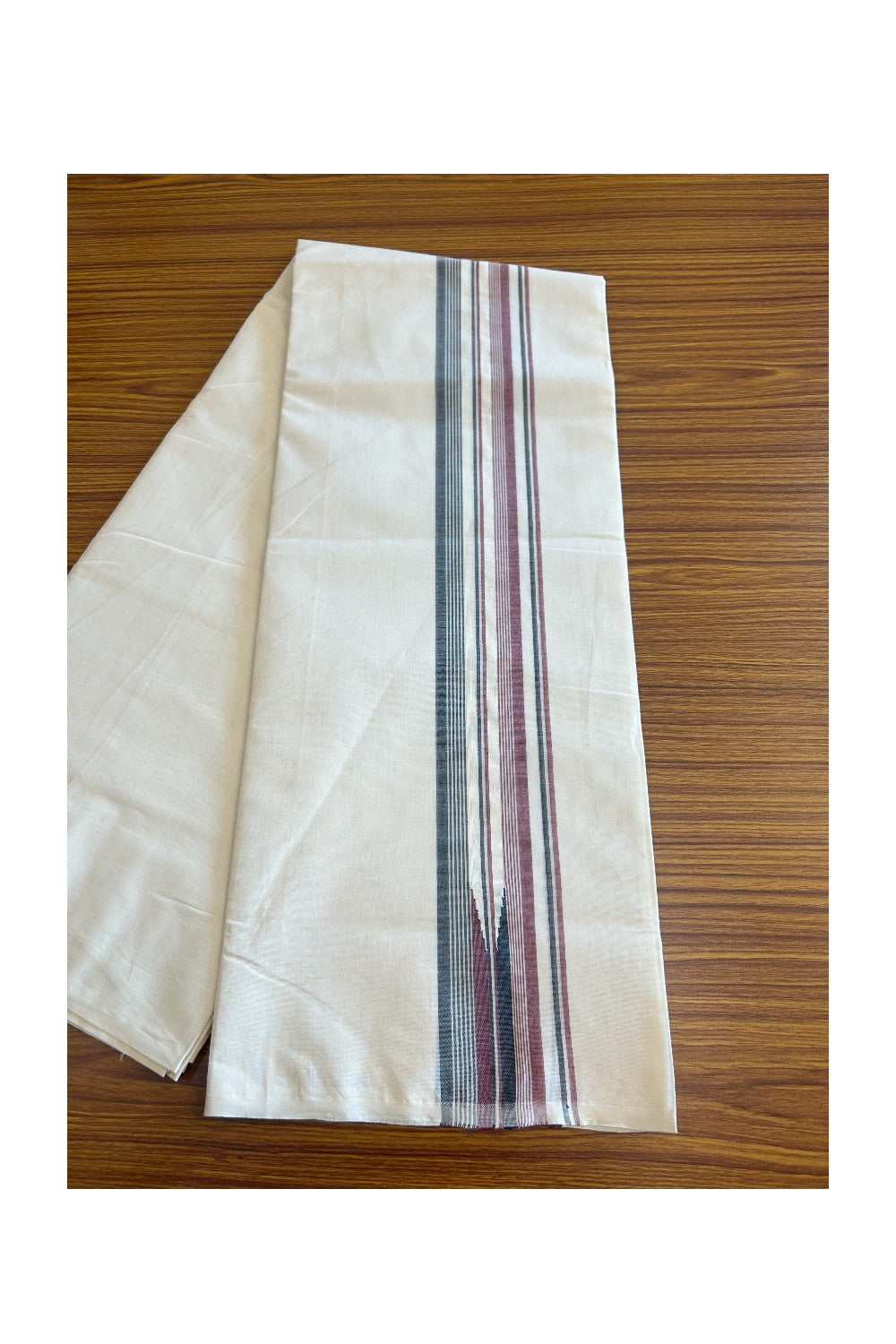 18% Discount !! KaithariKada Balaramapuram Double Off white - (Unbleached) Mundu/Dhoti - 100X100 - 2.25 inch Puliyilakkara Maroon & Black Striped Chutty Kara - 24KK5045ASH