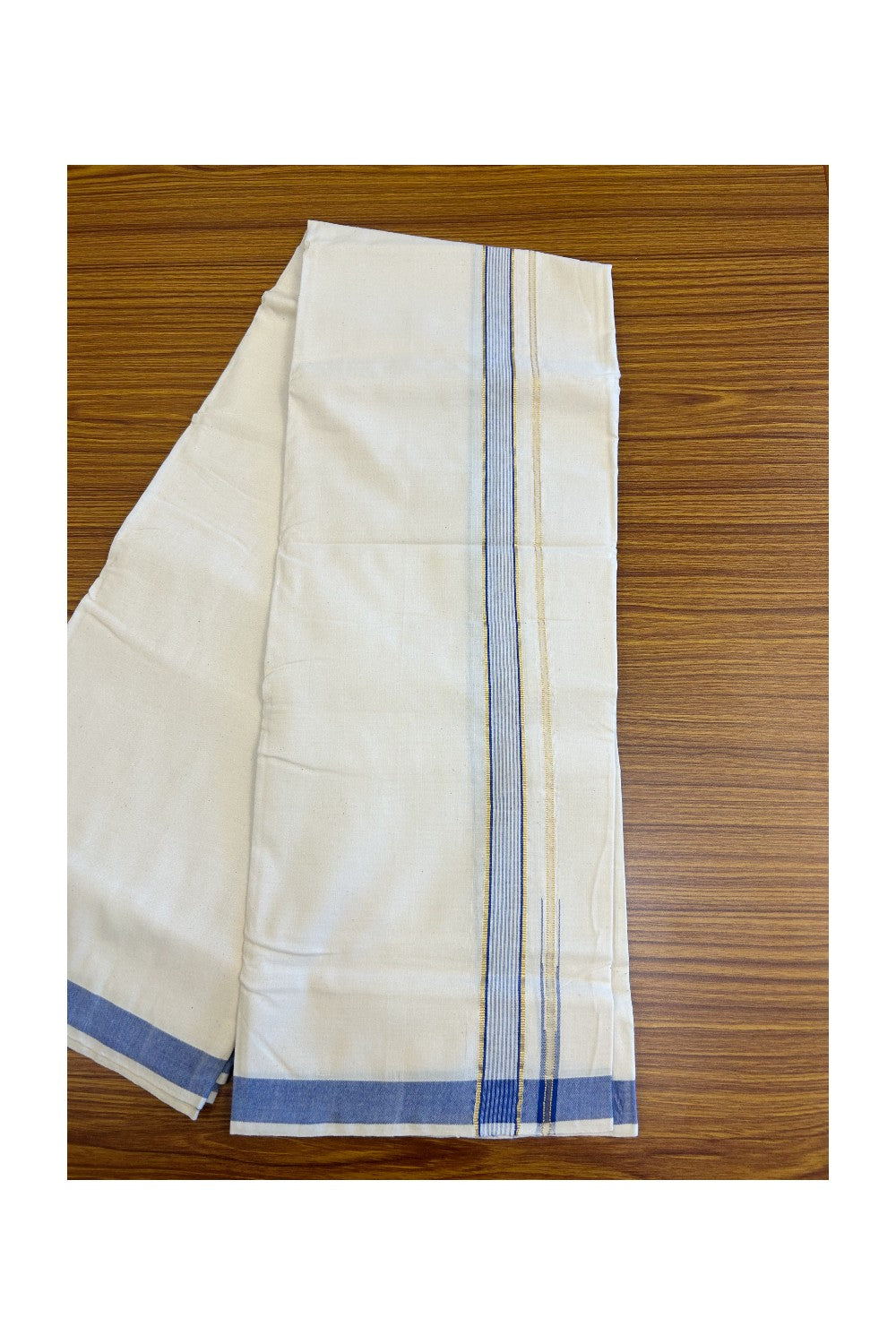 32% Discount ! KaithariKada 100% Cotton Balaramapuram HANDLOOM Single Mundu/Dhoti - Off White (Unbleached) 1.Inch Blue Striped Puliyilakkara Chutty.