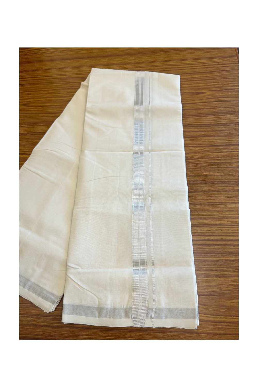 12% DISCOUNT ! KaithariKada HANDLOOM Millpaav Balaramapuram - 100% PURE Cotton Off White Double Mundu/Dhoti - Silver KASAVU Stripes Design-4KK37RAM