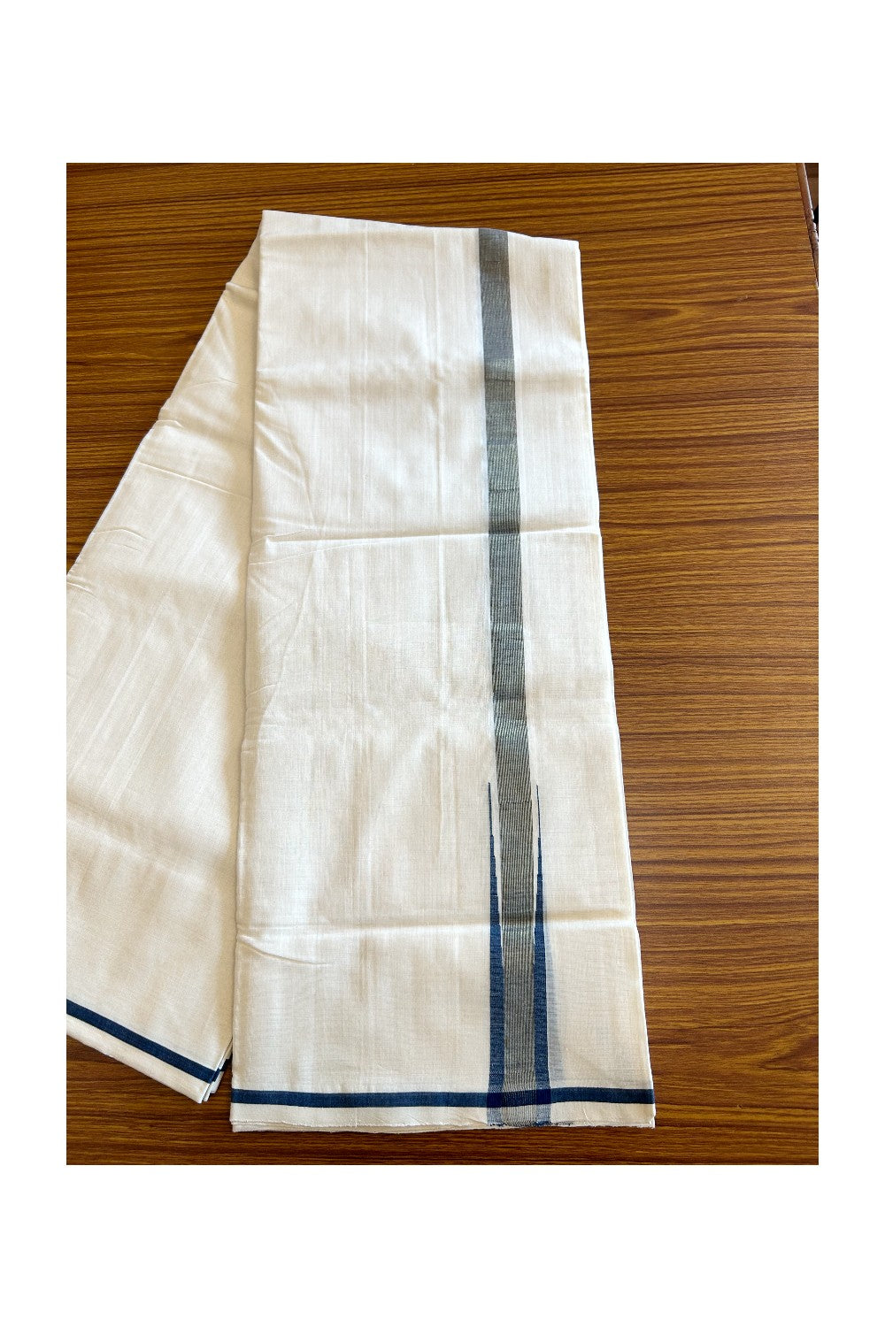 21% DISCOUNT!! KaithariKada HANDLOOM UNAKKUPAAV Balaramapuram - 100% PURE Cotton OFF White (Unbleached) Double Mundu/Dothi - Kasav Navy Blue Chutty Puliyilakkara - 27KK403RAM