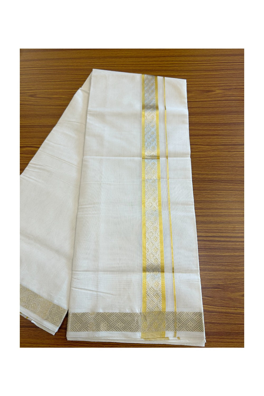 30% DISCOUNT ! KaithariKada HANDLOOM Unakkupaav Balaramapuram - 100% PURE Cotton Off White - (Unbleached) Double Mundu/Dhoti - 2.5 inch Gold Kasavu & Silver Kasavu Design Kara - 24KK5105RAM