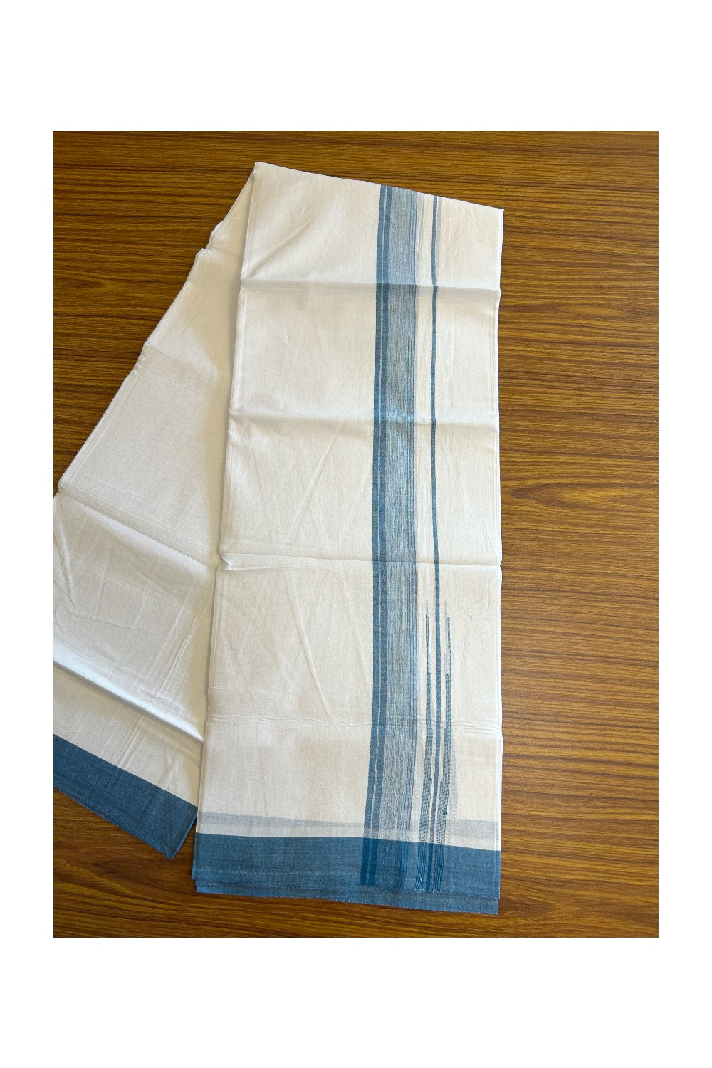 25% DISCOUNT!!! KaithariKada Balaramapuram 100% Cotton Double PURE white Mundu/Dhoti -80X80 - 1.5 Inch Peacock blue & White shaded stripes Chutty kara - 24KK5108GAN