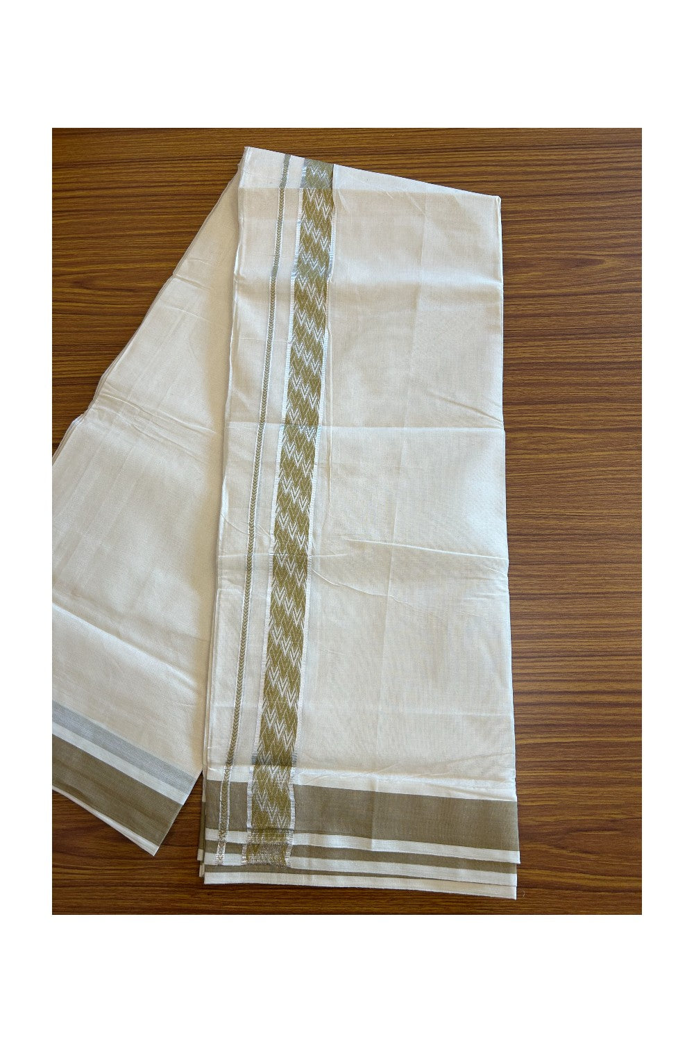 20% DISCOUNT ! KaithariKada Balaramapuram 100%  Cotton Double off white  (Unbleached) Mundu/Dhoti - 100X90 - 2.25 inch Silver kasavu & Sand Brown design kara - 24KK5113PMC