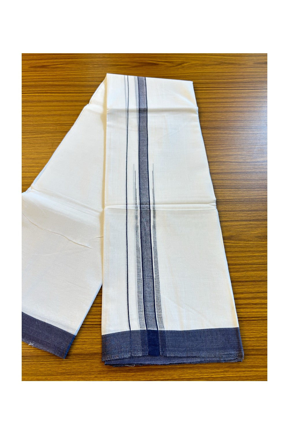 22% DISCOUNT!! Kaitharikada Balaramapuram 100% Cotton Ultra WHITE Double Mundu/Dothi-100x100  2 Inch NAVY BLUE Striped Cotton Kara - 24KK74RAM