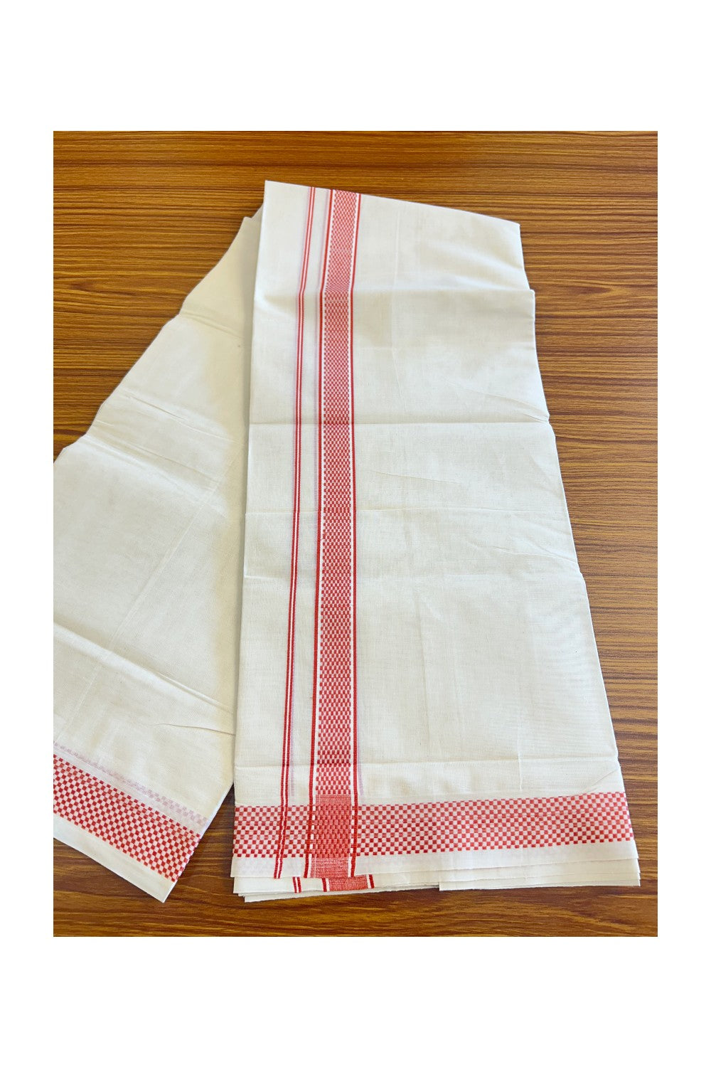 18% DISCOUNT ! KaithariKada Balaramapuram 100%  Cotton off white Double  Mundu/Dhoti - 100X100  Brick red check design kara - 24KK78PMC