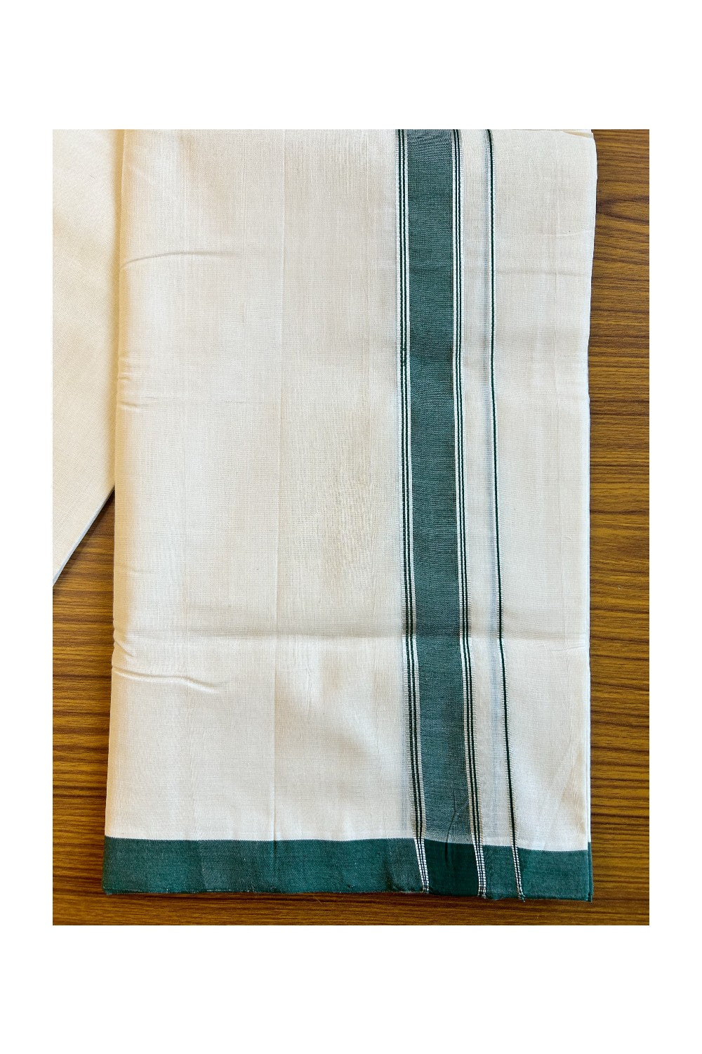 20% DISCOUNT!! KaithariKada HANDLOOM UNAKKUPAAV Balaramapuram - 100% PURE Cotton OFF White (Unbleached) Double Mundu/Dothi - 2 Inch Green & silver Kara - 24KK456KK