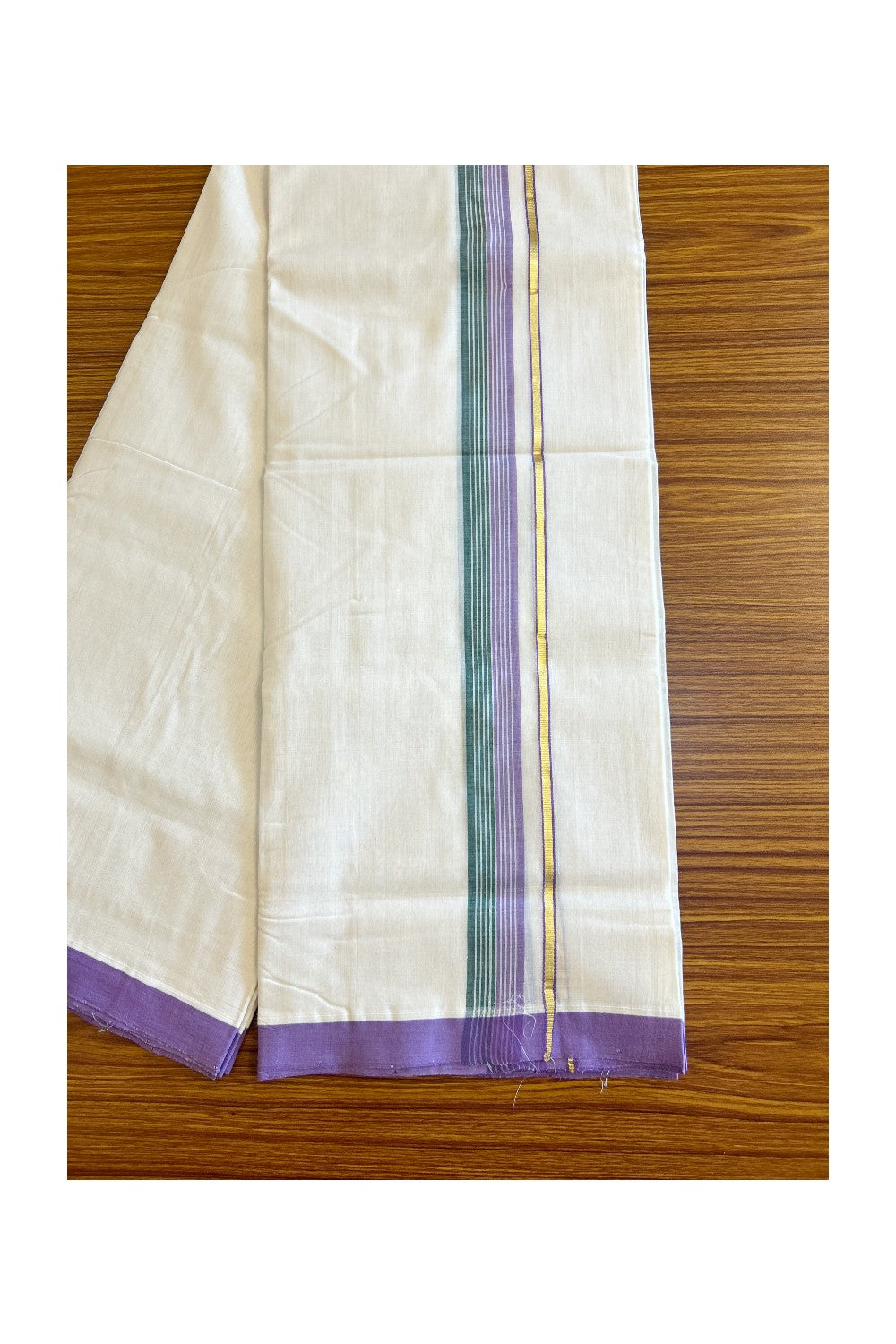 15% DISCOUNT!! KaithariKada HANDLOOM UNAKKUPAAV Balaramapuram - 100% PURE Cotton OFF White (Unbleached) Double Mundu/Dothi - Kasavu Lavender & Green kara with white stripes - 24KK458SOM