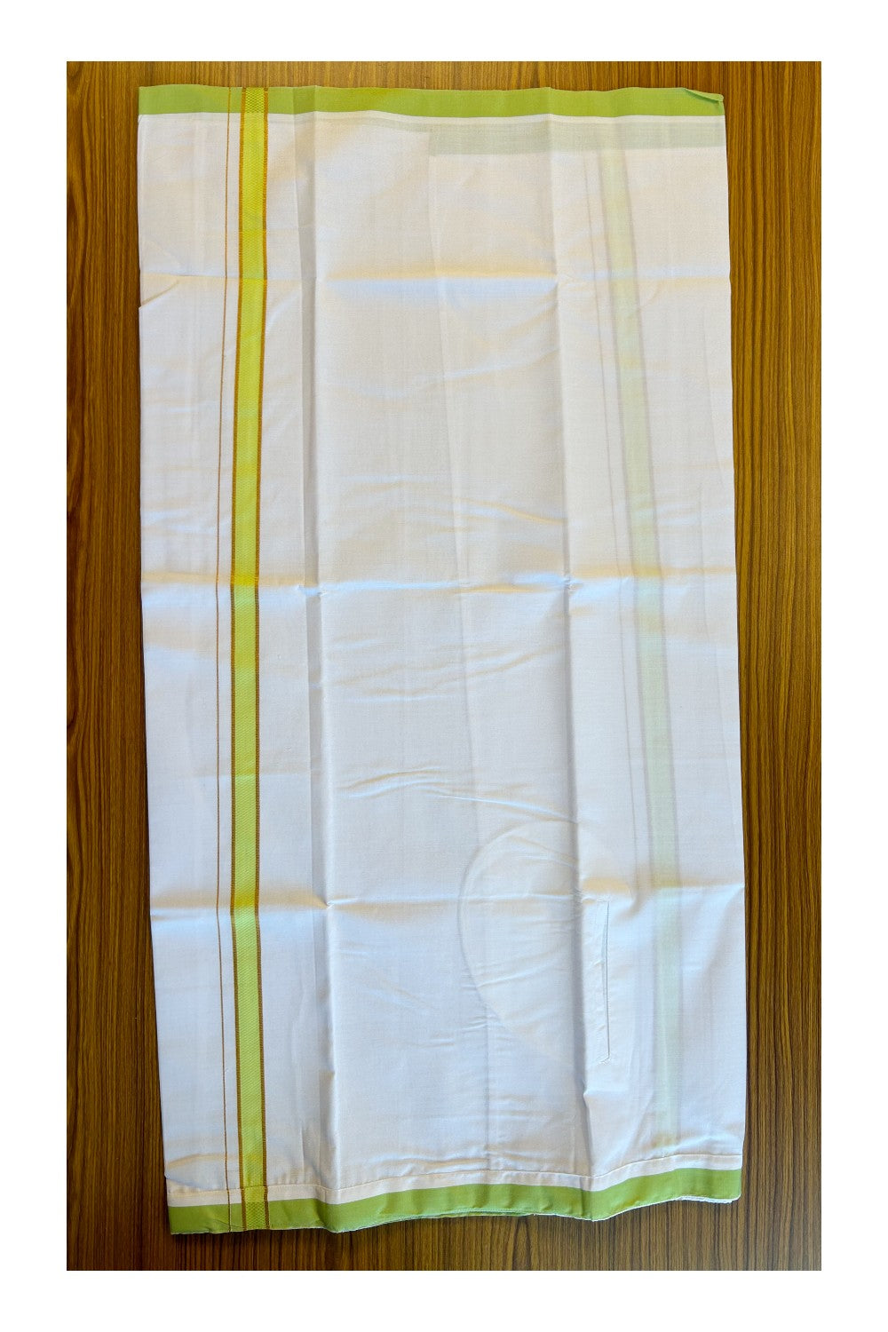 KaithariKada Balaramapuram  COTTON SINGLE PURE WHITE VELCRO Mundu/Dhoti - 1.75inch Light Green & Kasavu kara - 24KK485SRI