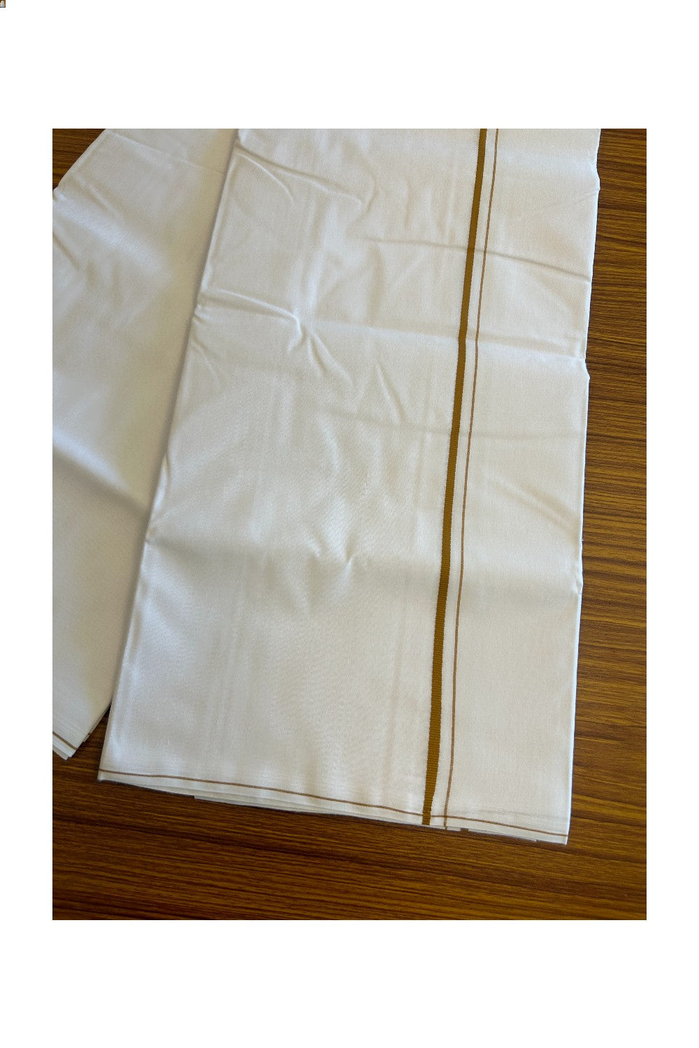 KaithariKada 100% Cotton Pure White Double Dhoti/Mundu- Thin Brick Brown Kara