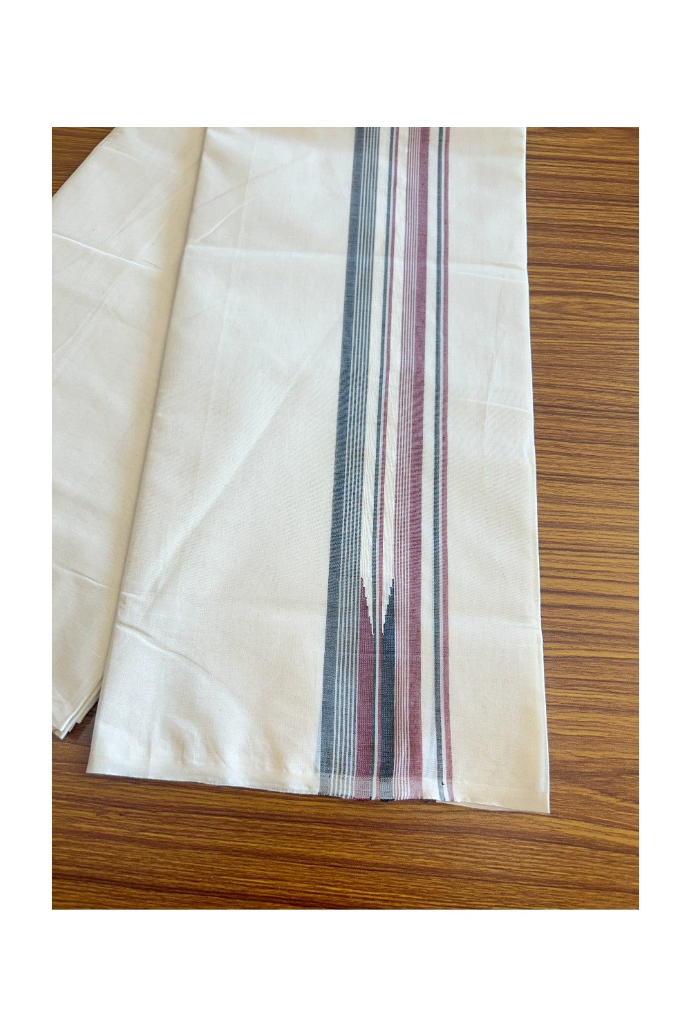 18% Discount !! KaithariKada Balaramapuram Double Off white - (Unbleached) Mundu/Dhoti - 100X100 - 2.25 inch Puliyilakkara Maroon & Black Striped Chutty Kara - 24KK5045ASH