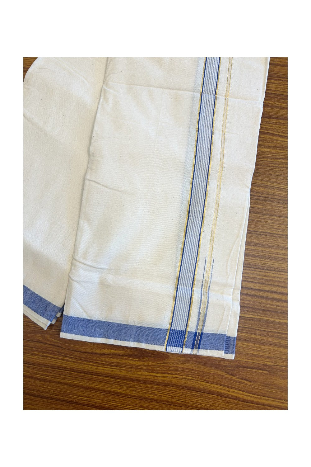 32% Discount ! KaithariKada 100% Cotton Balaramapuram HANDLOOM Single Mundu/Dhoti - Off White (Unbleached) 1.Inch Blue Striped Puliyilakkara Chutty.