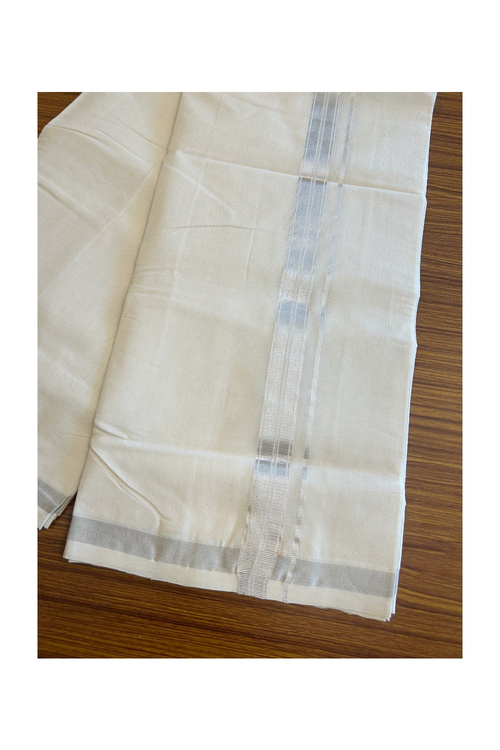 12% DISCOUNT ! KaithariKada HANDLOOM Millpaav Balaramapuram - 100% PURE Cotton Off White Double Mundu/Dhoti - Silver KASAVU Stripes Design-4KK37RAM