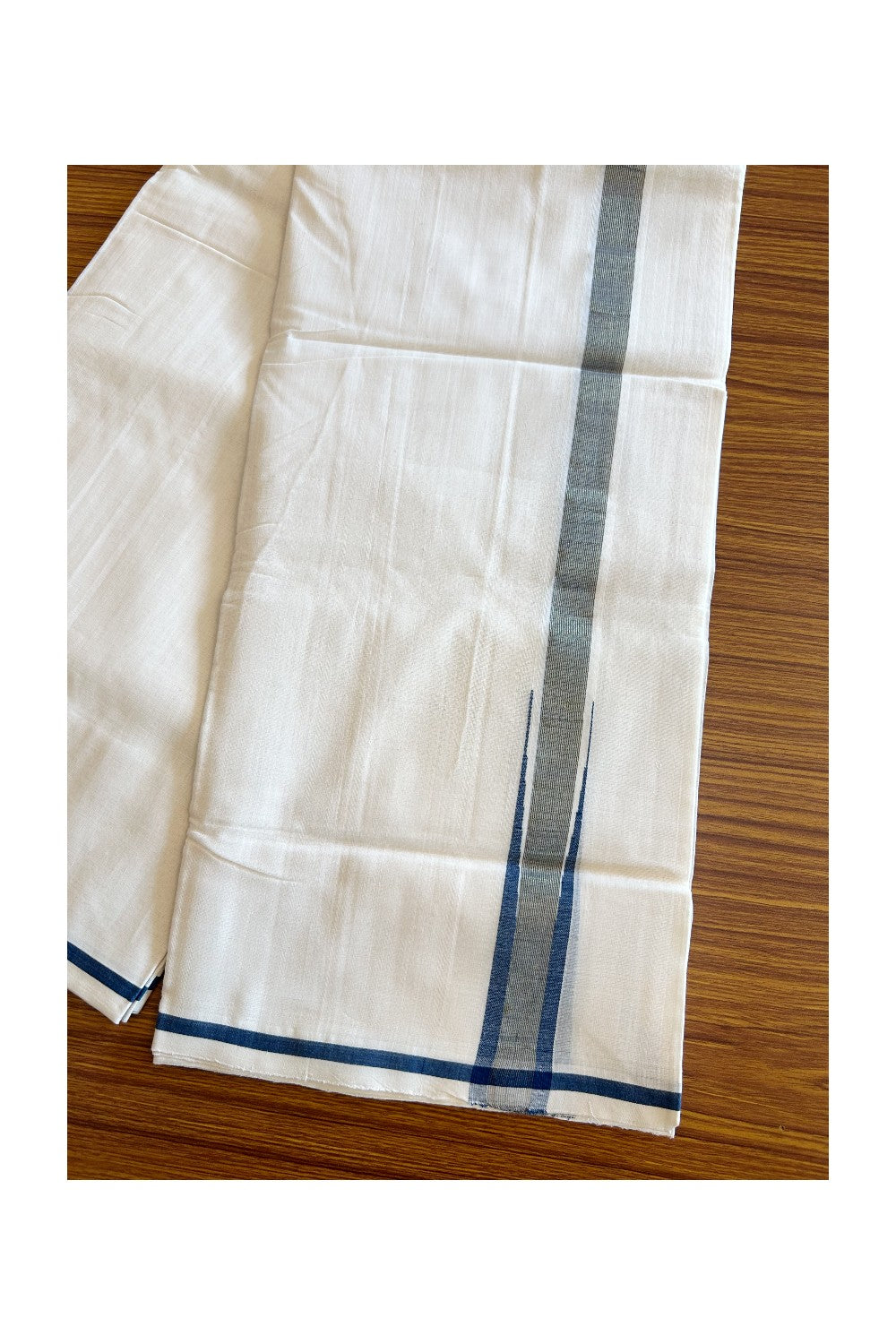 21% DISCOUNT!! KaithariKada HANDLOOM UNAKKUPAAV Balaramapuram - 100% PURE Cotton OFF White (Unbleached) Double Mundu/Dothi - Kasav Navy Blue Chutty Puliyilakkara - 27KK403RAM