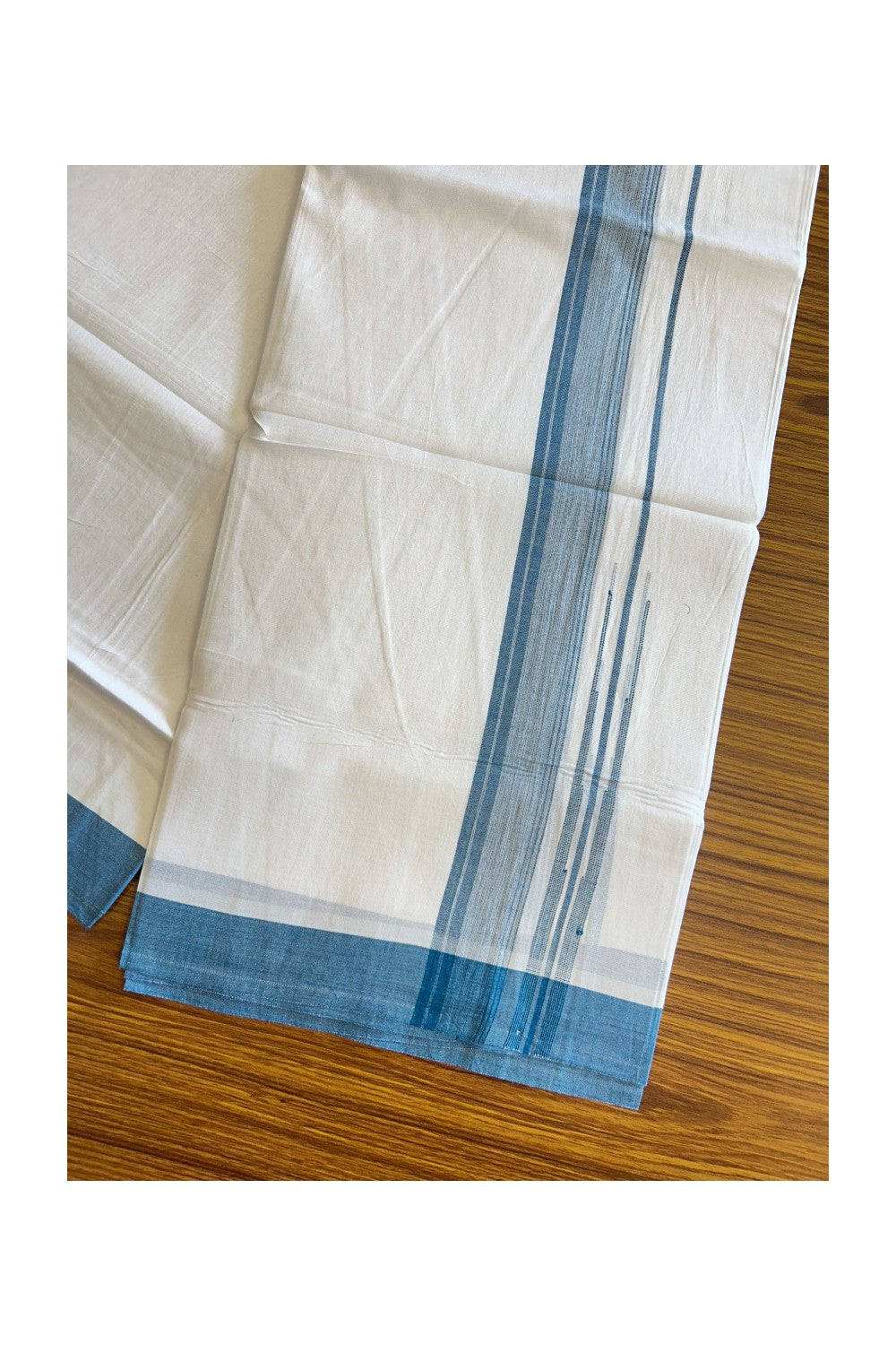 25% DISCOUNT!!! KaithariKada Balaramapuram 100% Cotton Double PURE white Mundu/Dhoti -80X80 - 1.5 Inch Peacock blue & White shaded stripes Chutty kara - 24KK5108GAN