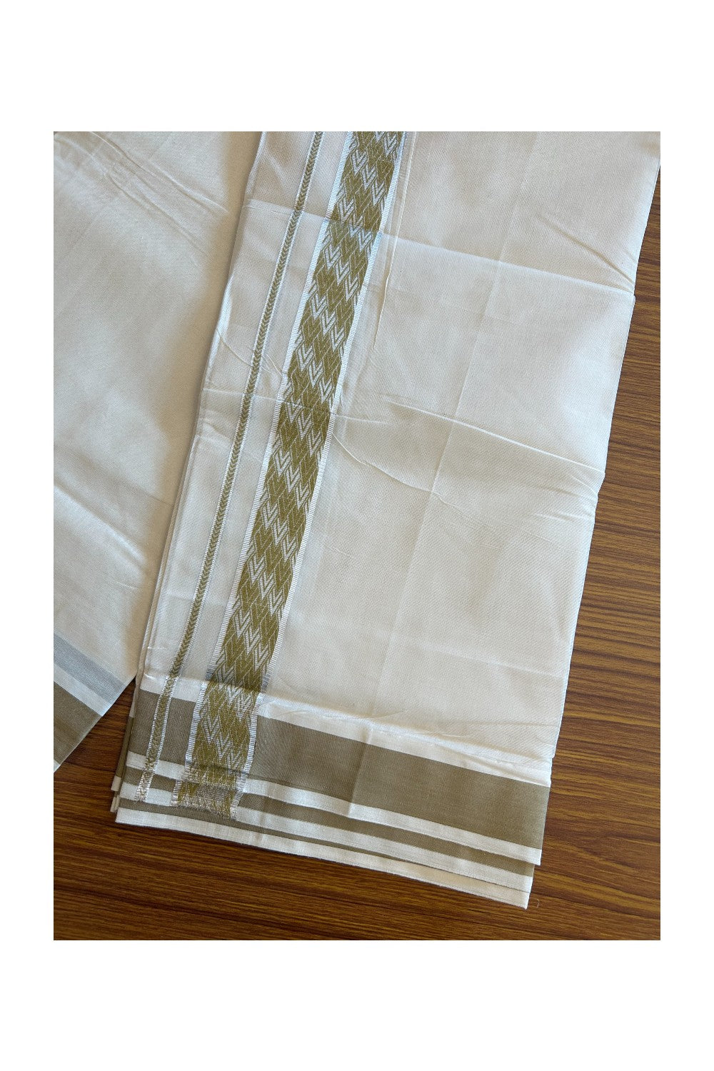 20% DISCOUNT ! KaithariKada Balaramapuram 100%  Cotton Double off white  (Unbleached) Mundu/Dhoti - 100X90 - 2.25 inch Silver kasavu & Sand Brown design kara - 24KK5113PMC