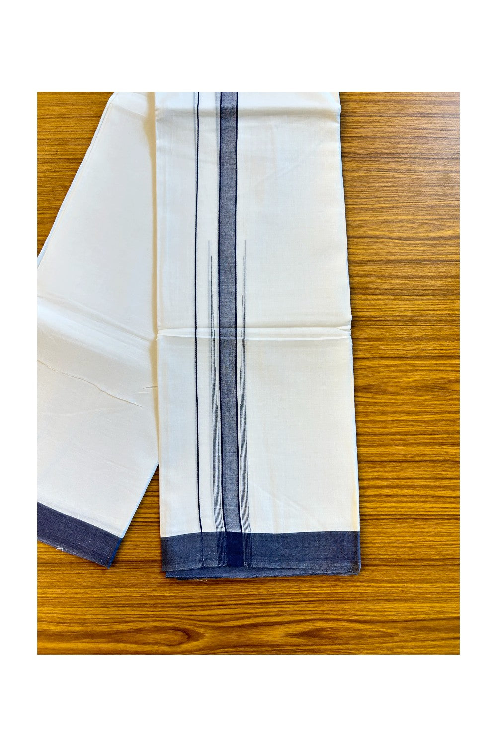 22% DISCOUNT!! Kaitharikada Balaramapuram 100% Cotton Ultra WHITE Double Mundu/Dothi-100x100  2 Inch NAVY BLUE Striped Cotton Kara - 24KK74RAM