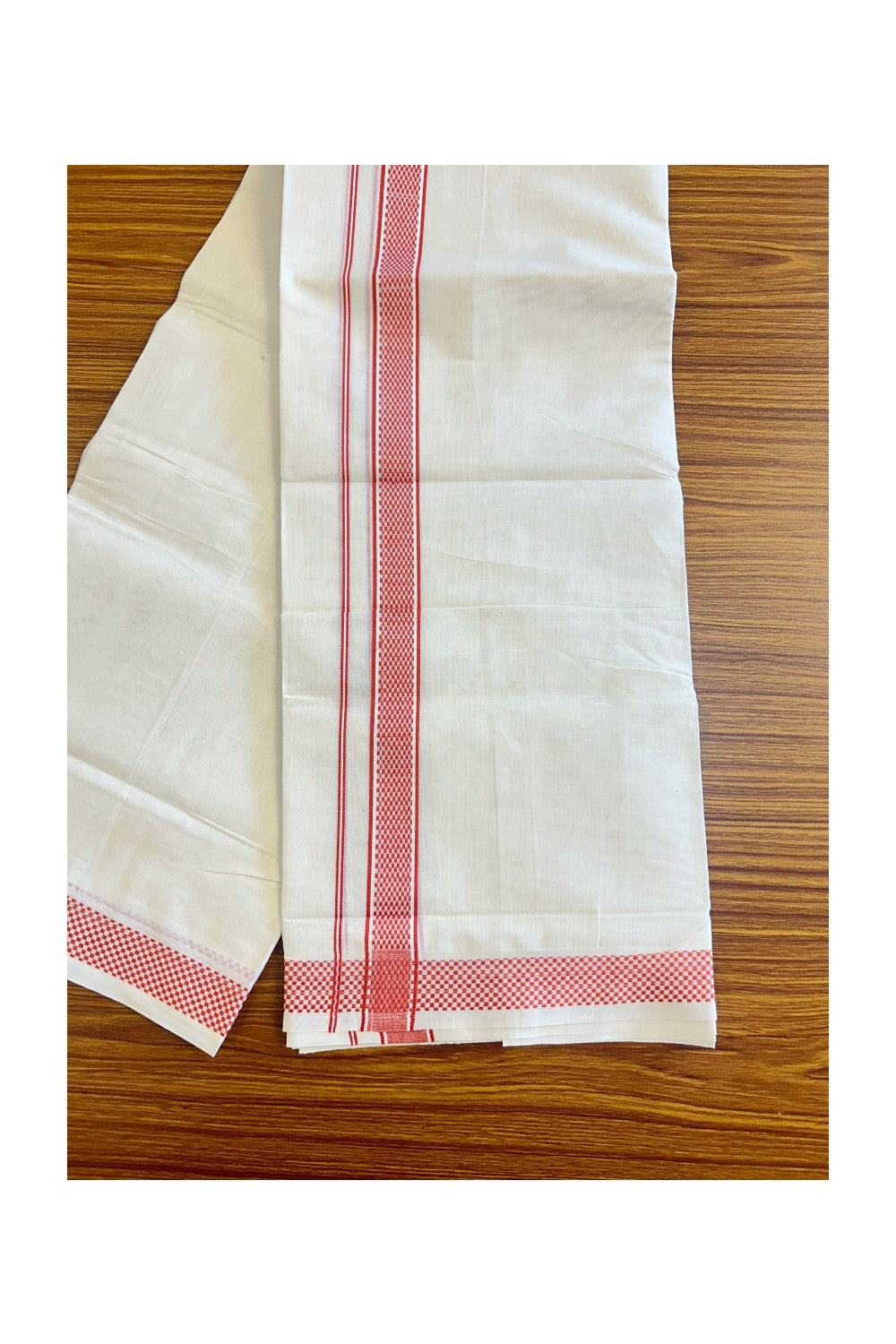 18% DISCOUNT ! KaithariKada Balaramapuram 100%  Cotton off white Double  Mundu/Dhoti - 100X100  Brick red check design kara - 24KK78PMC