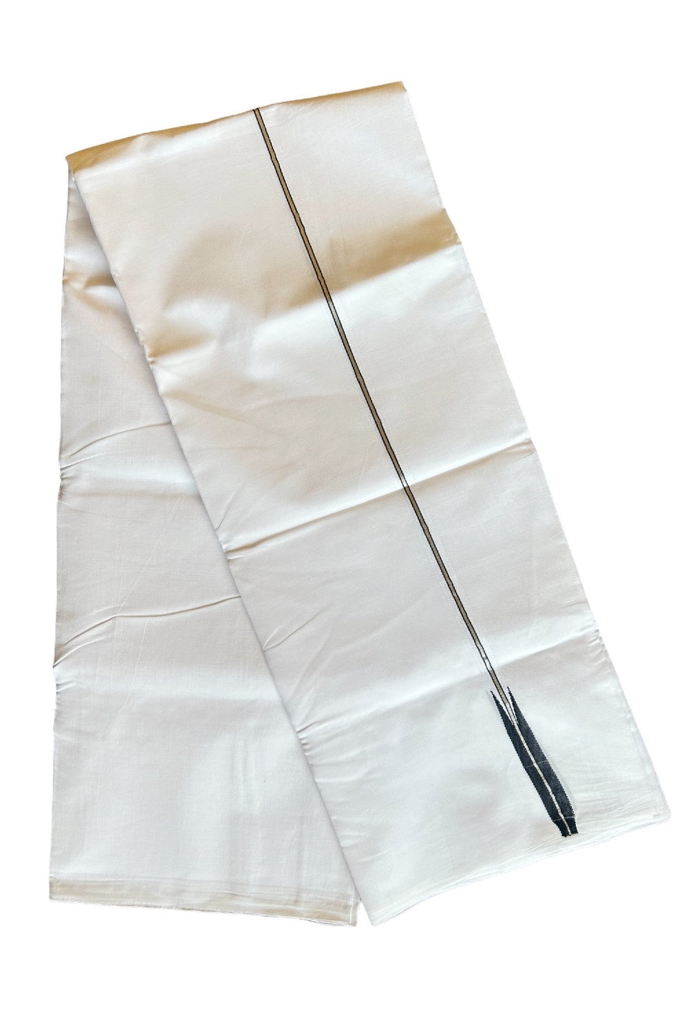 19% DISCOUNT!! KaithariKada Balaramapuram 100% Cotton PURE WHITE Double Mundu/Dhoti-100x100  1.5 cm Puliyilakkara  Silver Kasavu & Black chutty - 25KK412ASH