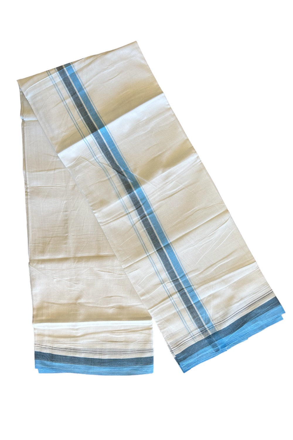 15% DISCOUNT!! Kaitharikada Balaramapuram 100% Cotton Ultra WHITE Double Mundu/Dothi-100x90  2 Inch Sky blue & Black shaded stripes kara - 25KK430VAS