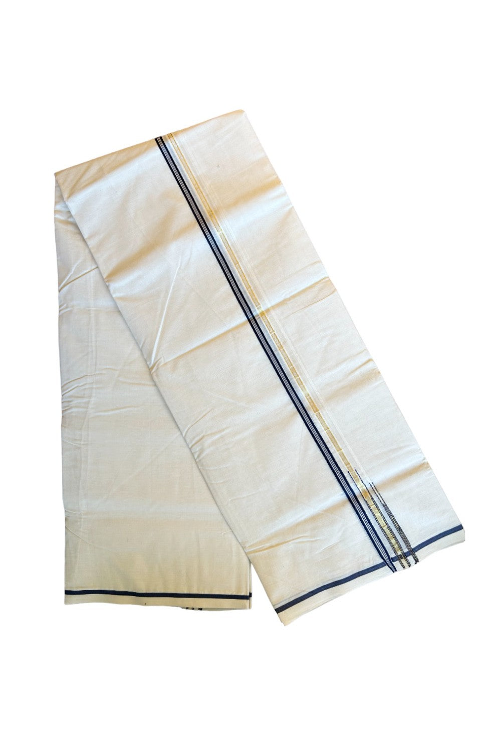 27% Discount Latest!! KaithariKada Balaramapuram 100% Cotton  Off white (Unbleached) Double Mundu/Dhoti-100x100 1.cm  Puliyilakkara Dark Blue Striped kara & Kasavu Double Chutty - 25KK455ASH