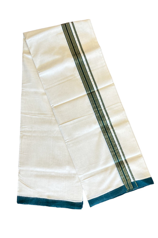 15% Discount!!! KaithariKada HANDLOOM UNAKKUPAAV Balaramapuram - 100% PURE Cotton off white (Unbleached) Double Mundu/Dhoti - 1.75 inch Dark green & kasavu pattern kara - 25KK458SOM