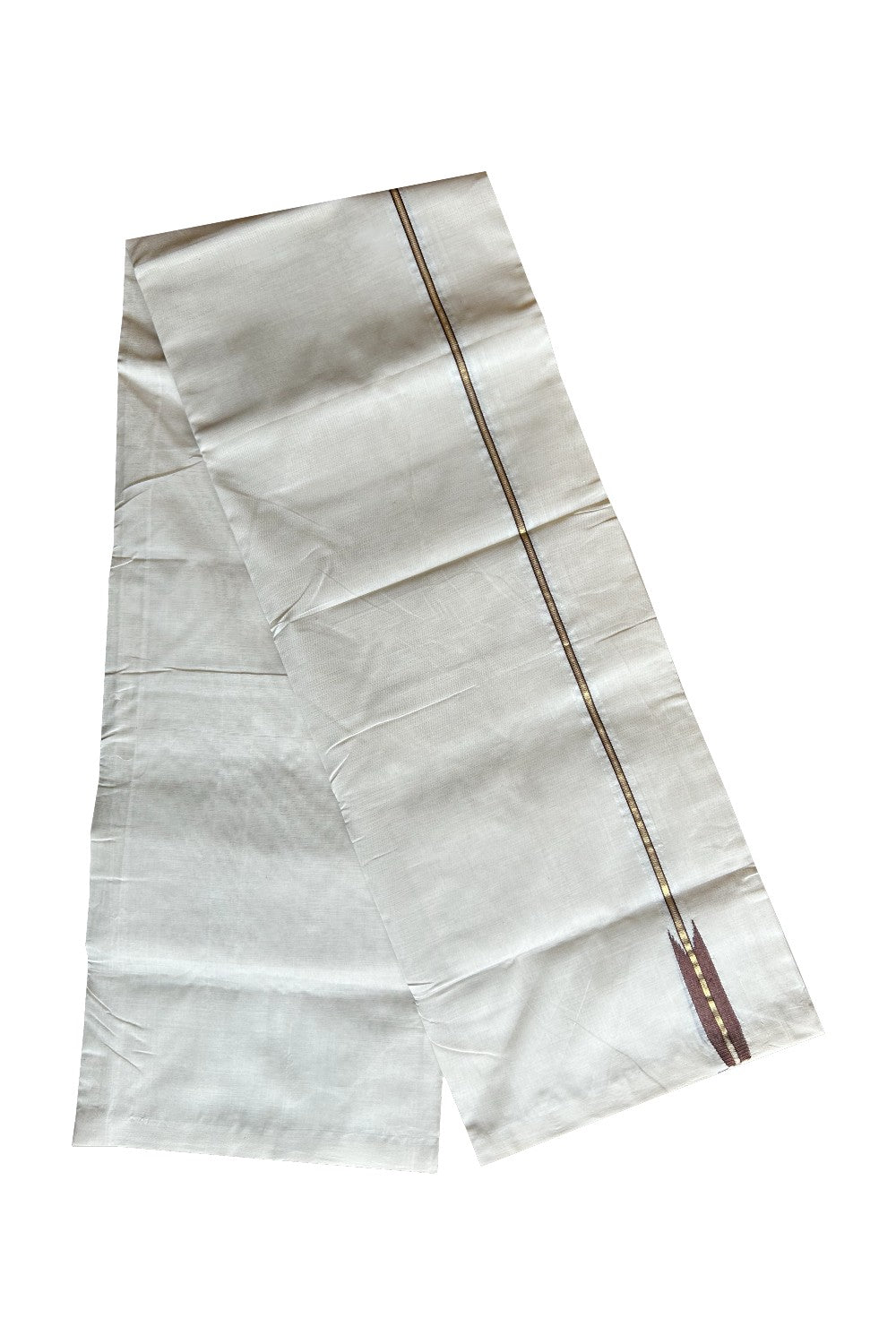 17% DISCOUNT!! KaithariKada HANDLOOM UNAKKUPAAV Balaramapuram - 100% PURE Cotton OFF White - (Unbleached)  Double Mundu/Dothi - 0.75 inch Puliyilakkara Kasavu Brown chutty - 25KK462RAM