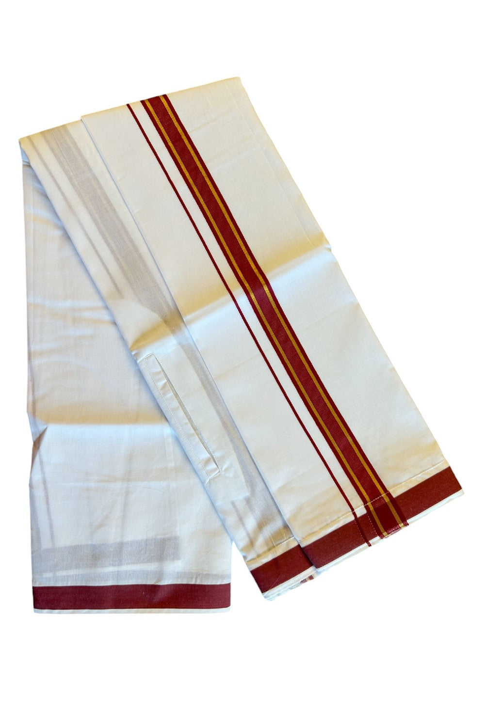 KaithariKada Balaramapuram COTTON SINGLE PURE WHITE VELCRO Mundu/Dhoti - 1.75inch Maroon & Kasavu kara - 25KK485SRI