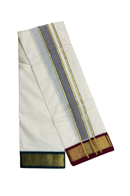 38% DISCOUNT! KaithariKada 100% Cotton Off White - (Unbleached) 100x100 thread - NORTH INDIAN - ATTACHED GAMCHA 9X5 Dhoti 2.75 inch Purple kara with Maroon &Green Kasavu border  - 25KK5005PMC