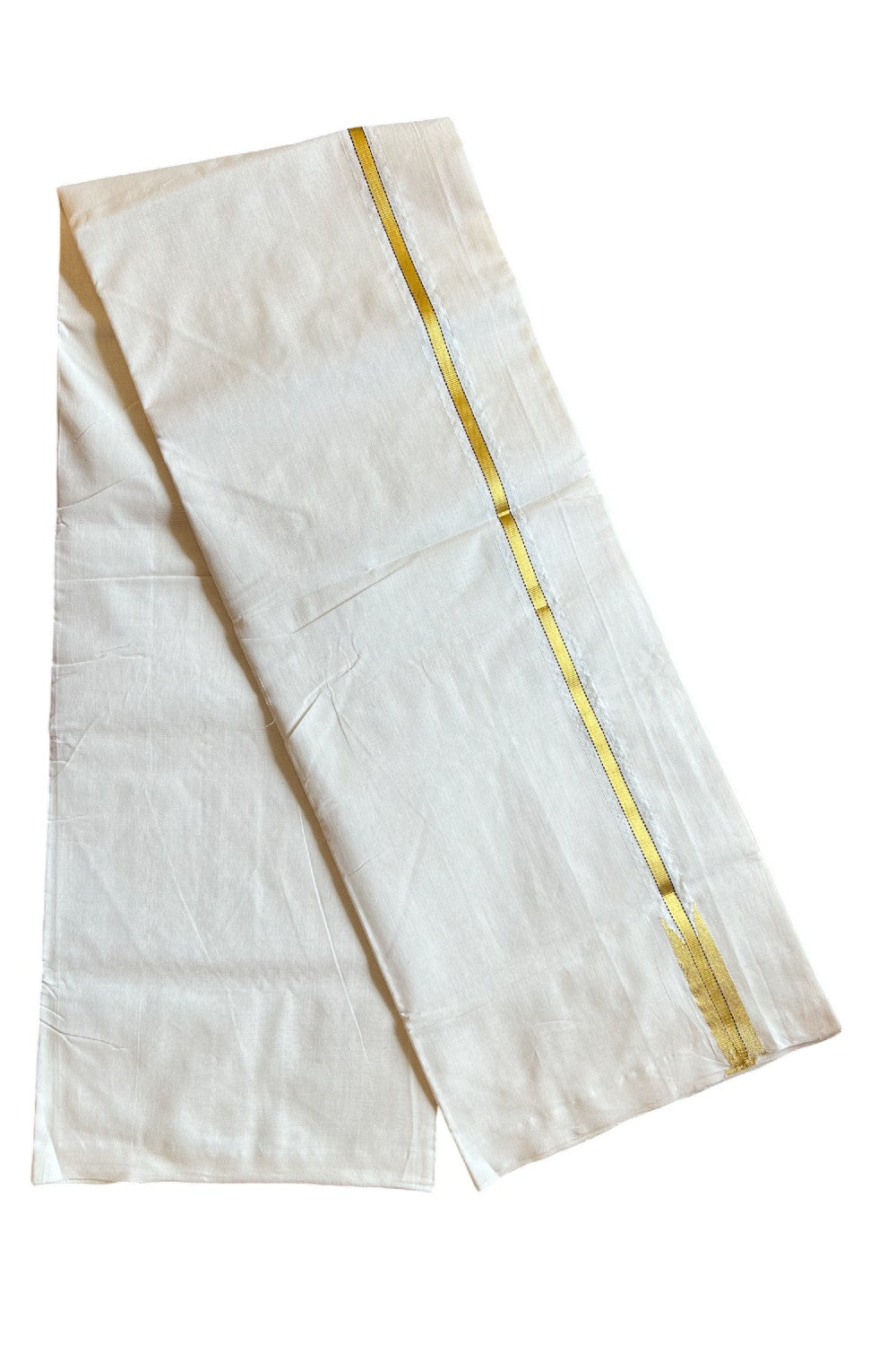 15% DISCOUNT!! KaithariKada HANDLOOM UNAKKUPAAV Balaramapuram - 100% PURE Cotton OFF White - (Unbleached) Double Mundu/Dothi - 1 inch puliyilakkara Brown & Gold Kasavu Chutty - 25KK5011RAM