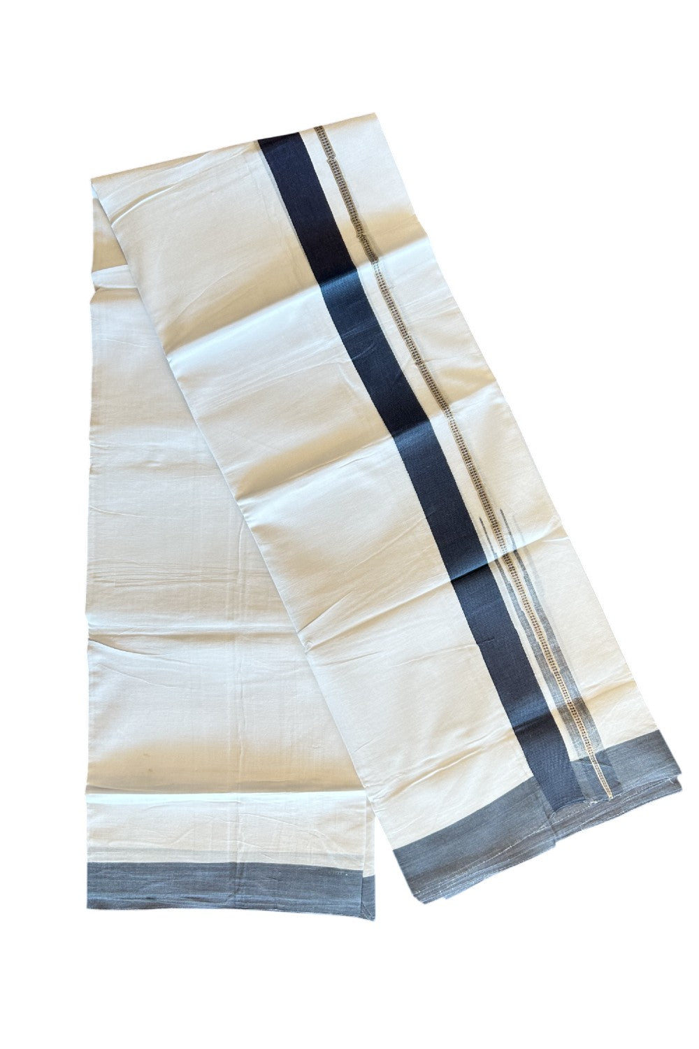 Kaitharikada  Balaramapuram 100% Pure Cotton PURE WHITE Double Mundu/Dothi - 80x92 - 1.5 Inch Blue & Silver Chutty kara - 24K5022VAN