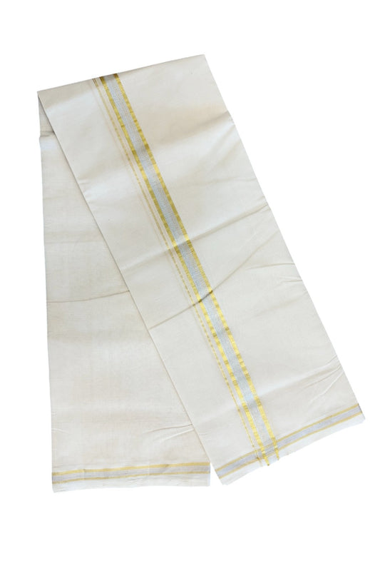 8% DISCOUNT ! KaithariKada HANDLOOM Millpaav Balaramapuram - 100% PURE Cotton Off White - (Unbleached) Double Mundu/Dhoti - 1.5 inch Gold Kasavu & Silver stripes Kara- 25KK5029RAM