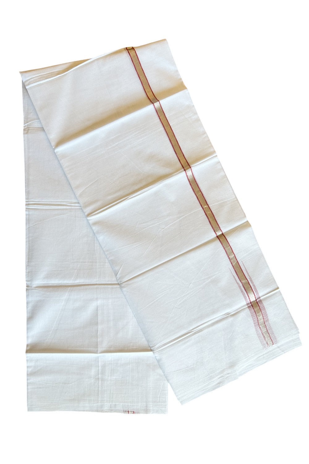 8% Discount ! Kaitharikada Balaramapuram 100% Cotton PURE WHITE Double Mundu/Dothi- 0.5 inch Silver Kasavu & Dark Peach Striped Chutty Kara -25KK5032GAN