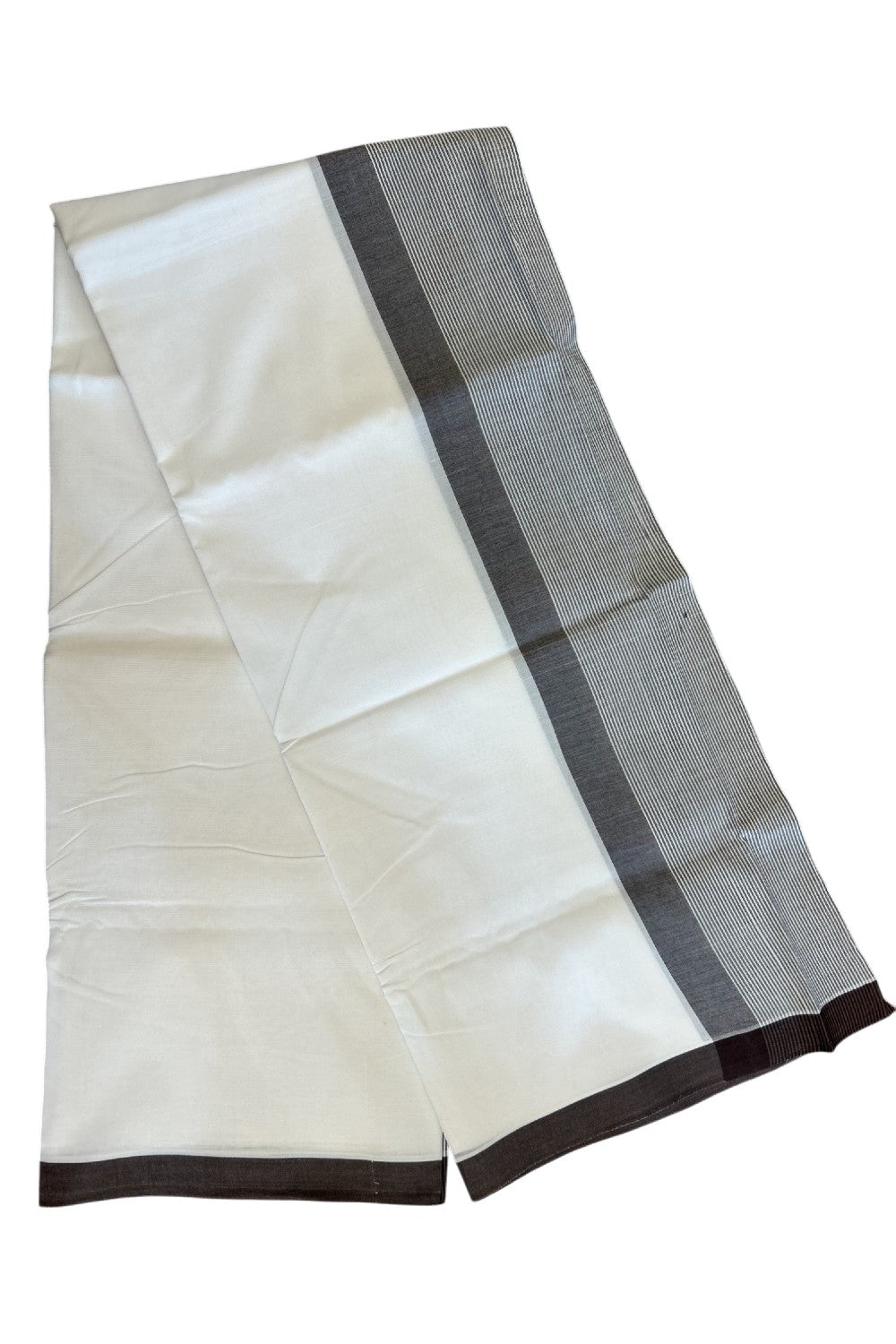 30% DISCOUNT!! KaithariKada Balaramapuram 100% Cotton PURE WHITE Double Mundu/Dhoti-100x100 - 5 inch  Brown & white striped kara - 25KK5043ASH