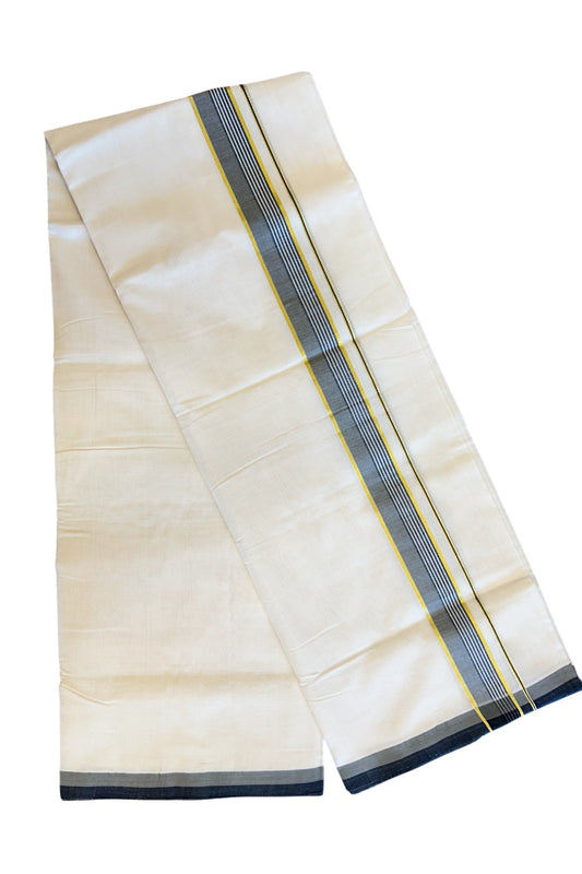 21% Discount KaithariKada HANDLOOM Unakkupaav Balaramapuram - 100% PURE Cotton Off White (Unbleached) Double Mundu/Dhoti - 2 inch  Kasavu & Green Stripes-207