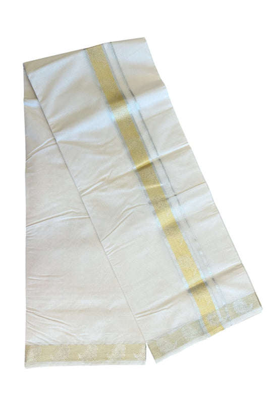 35% DISCOUNT! KaithariKada HANDLOOM Millpaav Balaramapuram - 100% PURE Cotton Off White Double Mundu/Dhoti - 2.25  inch Designer Silver & Gold Peacock Kasavu Kara-30