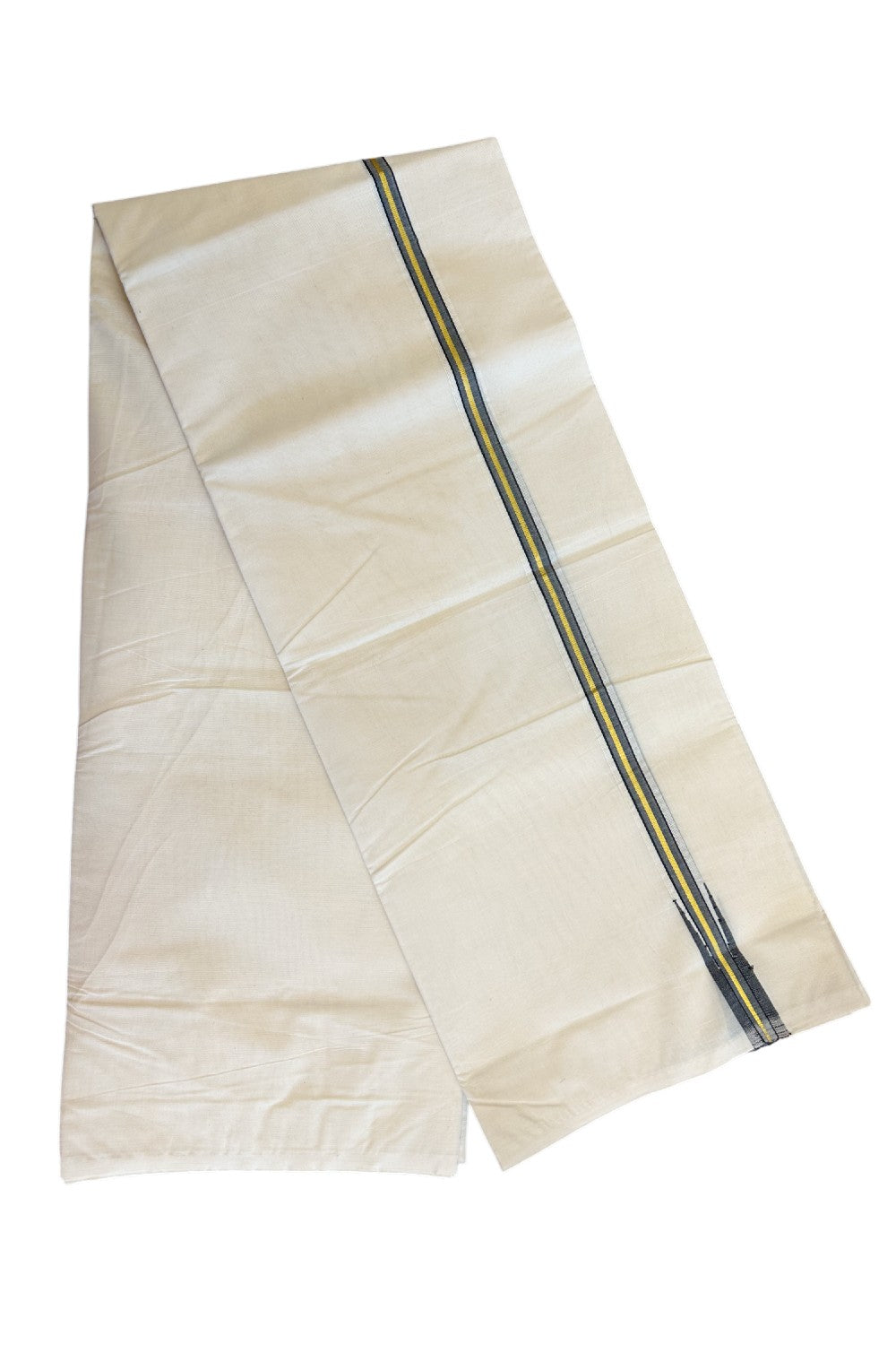 23% DISCOUNT! KaithariKada Balaramapuram 100% Cotton Double Off white - (Unbleached) - Mundu/Dhoti-100x100 - 1.cm Chutty Puliyilakkara Black & Kasavu Kara- Onam Collection - 48