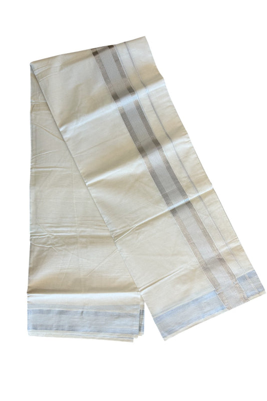 14% DISCOUNT! KaithariKada Balaramapuram 100% Cotton Double Off white - (Unbleached) Mundu/Dhoti-80X72- 2.75 inch Stripes SILVER Kasavu Kara-2VIN