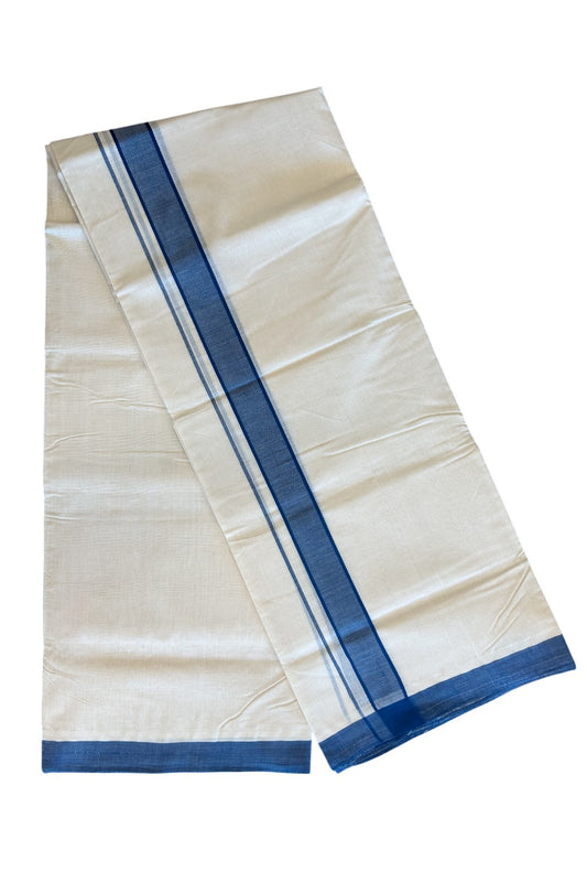 23% DISCOUNT! KaithariKada BALARAMAPURAM HANDLOOM Unakkupaav- 100% PURE Cotton 100x100 Double Mundu/Dhoti OFF WHITE (Unbleached) - Peacock Blue Stripes Kara