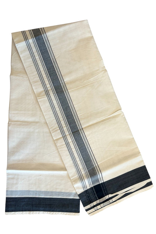 10% DISCOUNT! KaithariKada Balaramapuram 100% Cotton Double Off white (Unbleached) Mundu/Dhoti-100x100 - Black Stripes Kara - 25KK5063KK