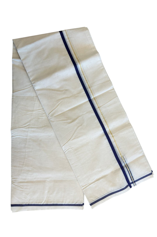 14% DISCOUNT! KaithariKada Balaramapuram 100% Cotton Double Off white - (Unbleached) - Mundu/Dhoti - 100x100 1 cm Chutty Puliyilakkara Kasavu & Deep Blue Kara - 78